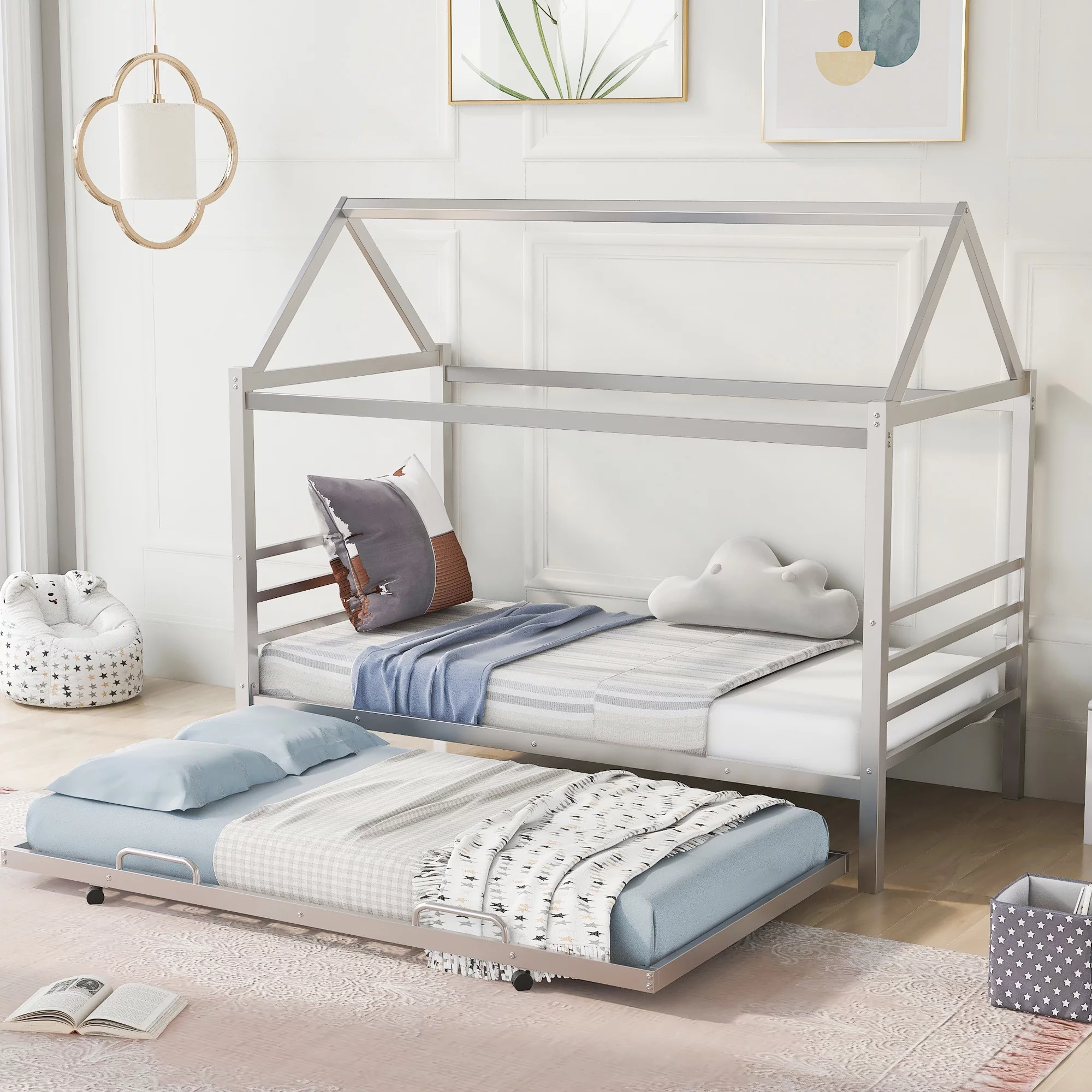 Momspeace Twin Size Metal House Shape Platform Bed with Trundle for Kids Teens Bedroom, Silver