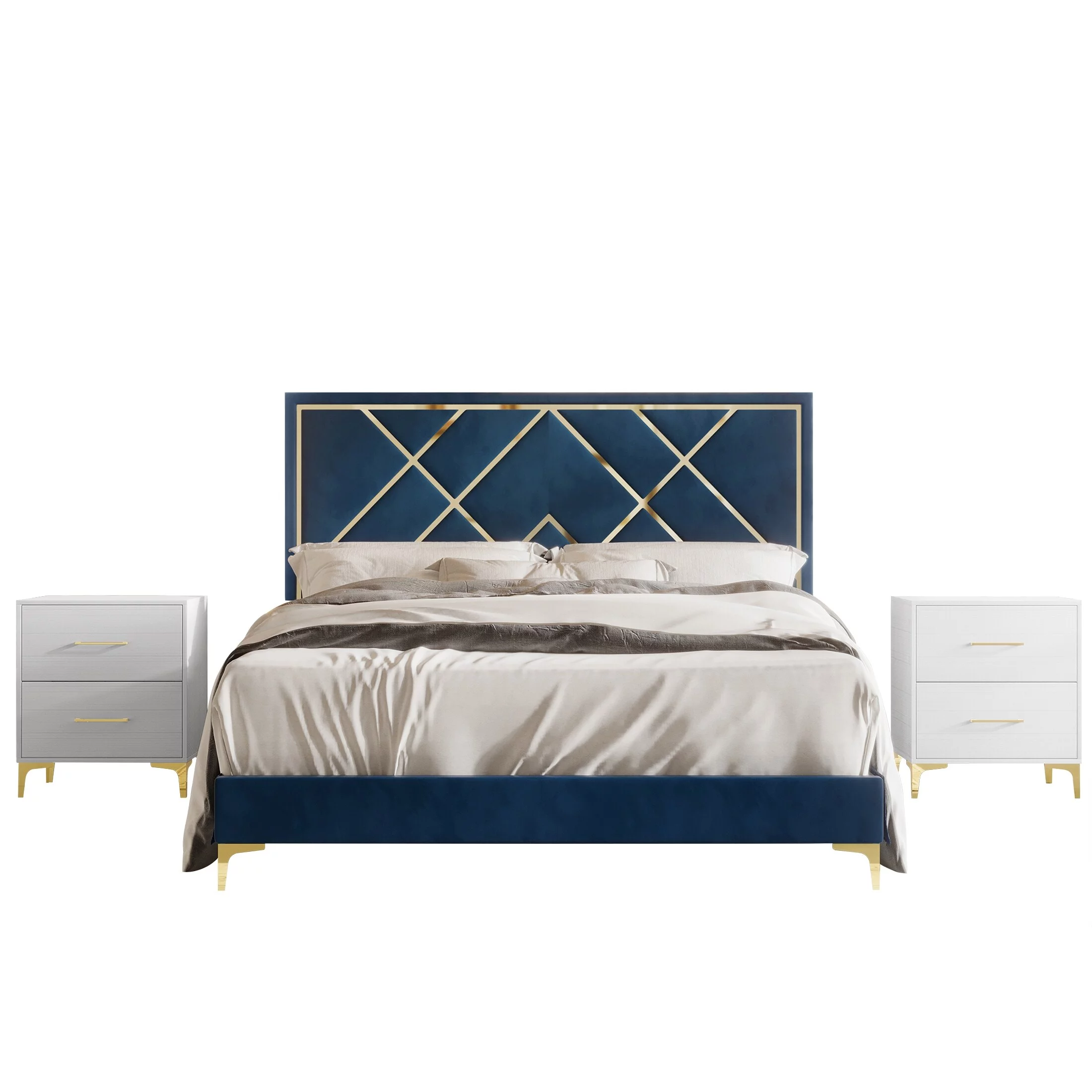 CraftPorch 3 Piece Bedroom Nightstands Set Velvet Upholstered Bed Navy Blue - King