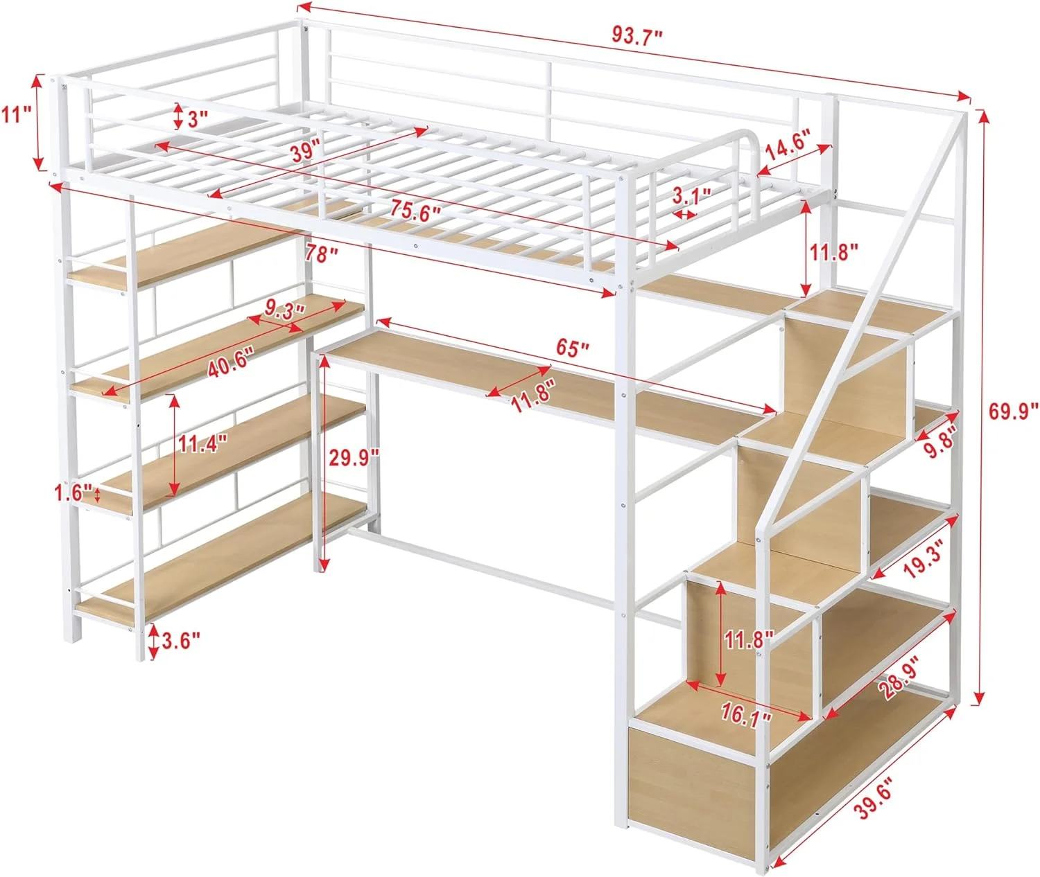 Metal Loft Bed With Staircase And Bookcase Industrial Style High Loft Bed With Desk For Kids