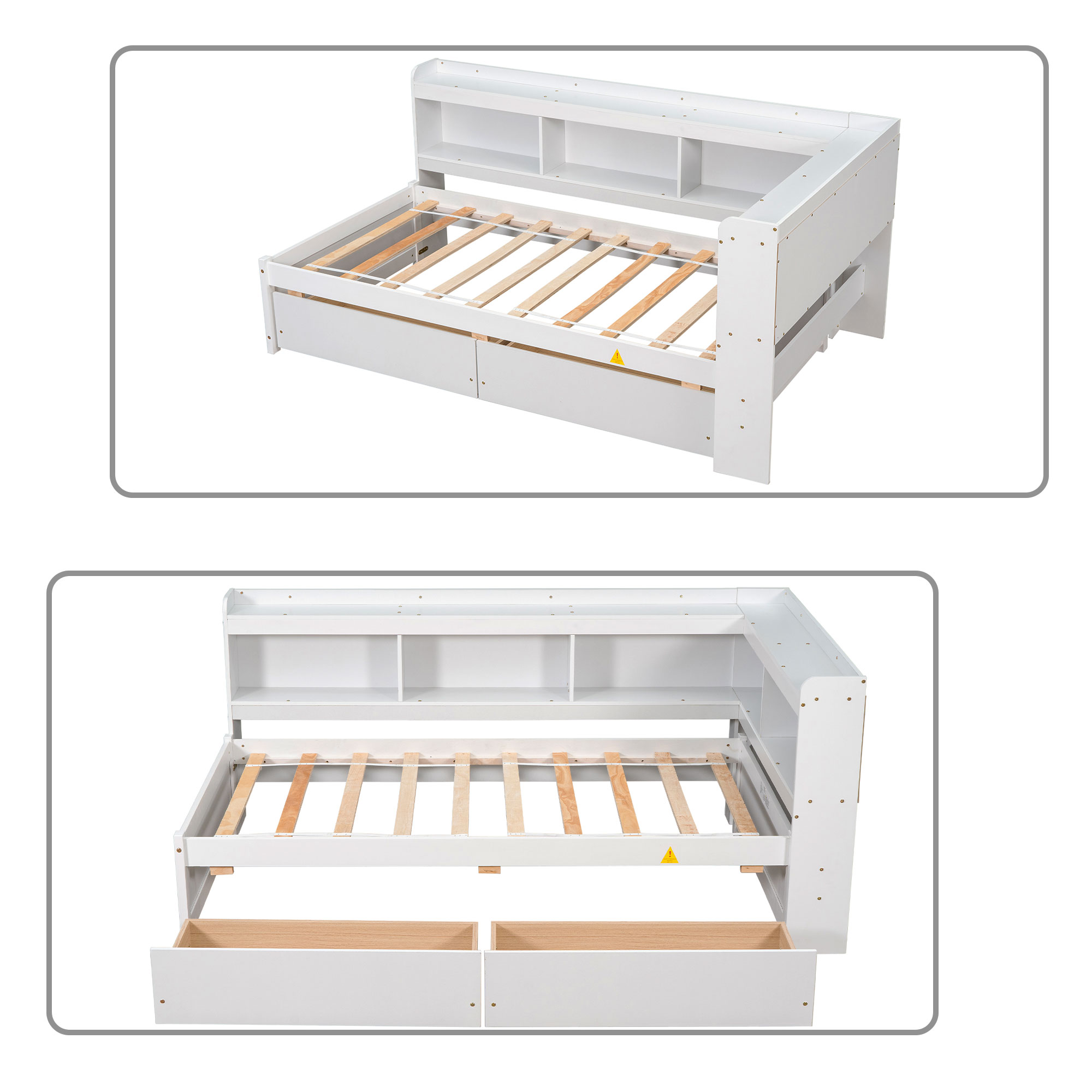 Modern Style Twin Size Bed with 2 Drawers and L-shaped Bookcases, White