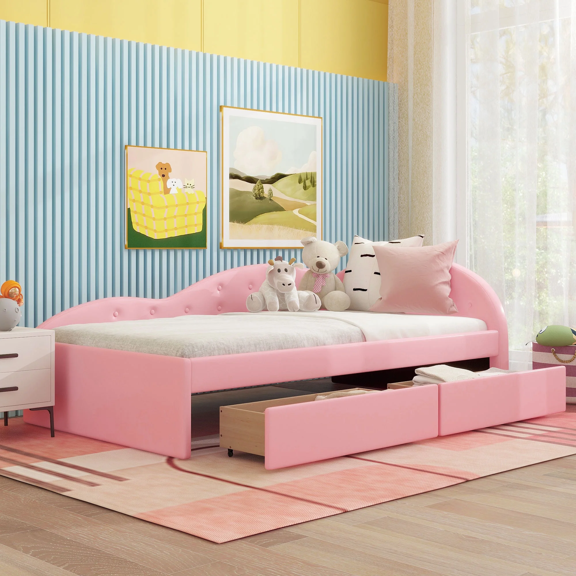 Euroco Twin Size PU Upholstery Daybed, Tufted Sofa Bed with 2 Drawers for Kids Room, Pink