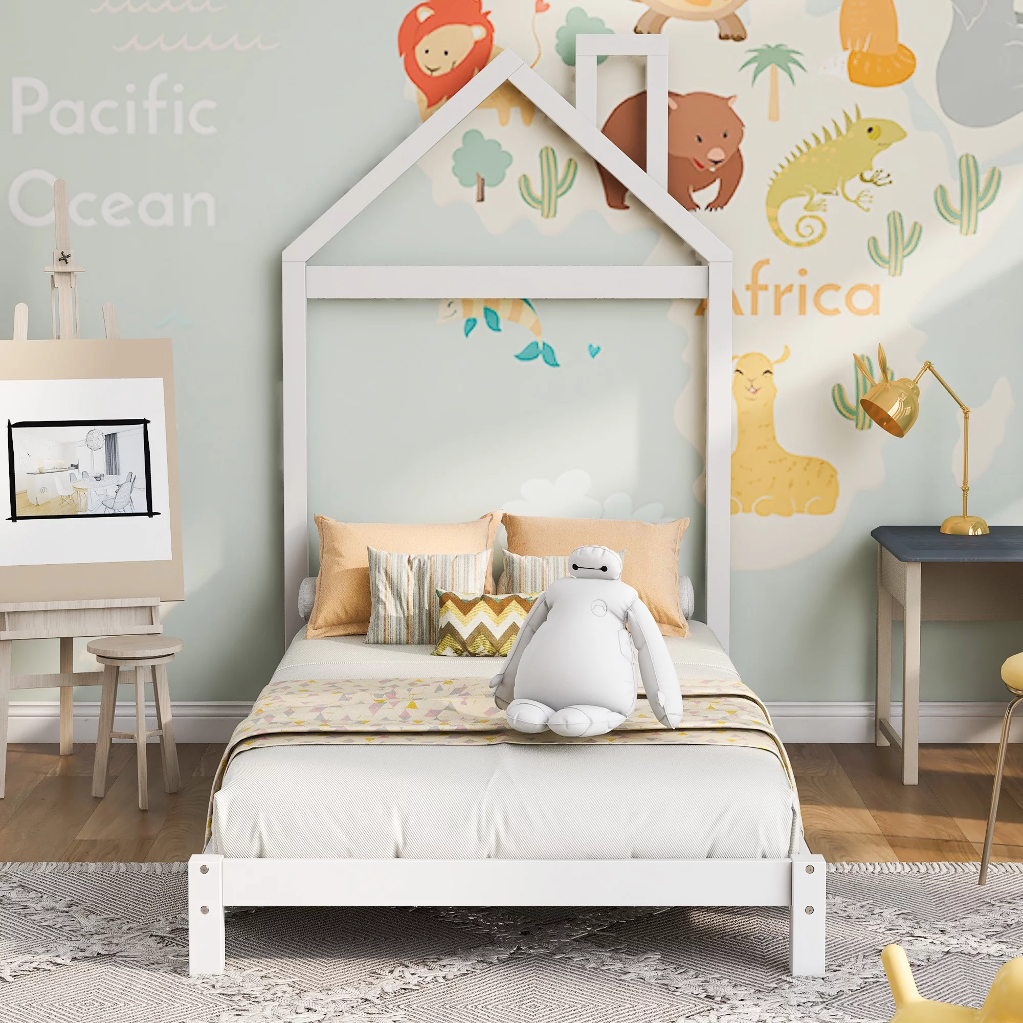 ikayaa Twin Size Wood Platform Bed with House-shaped Headboard (White)