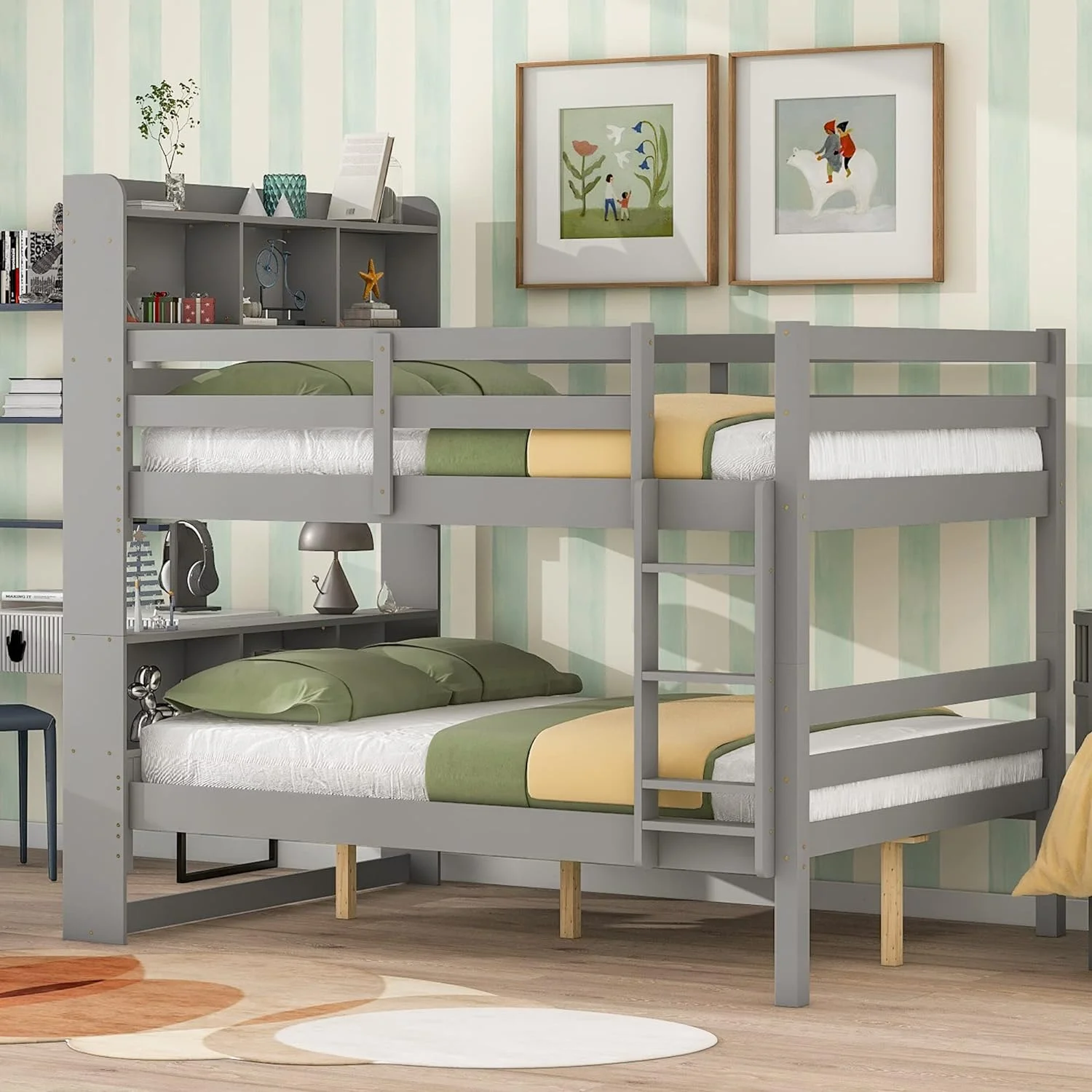 Full Over Full Buk Beds With Storage, Solid Wood Buk Bed With Bookcase Headboard, Safety Rail Ad Ladder, Ca Be Coverted Ito 2 Beds, o Box Sprig eeded (Gray)
