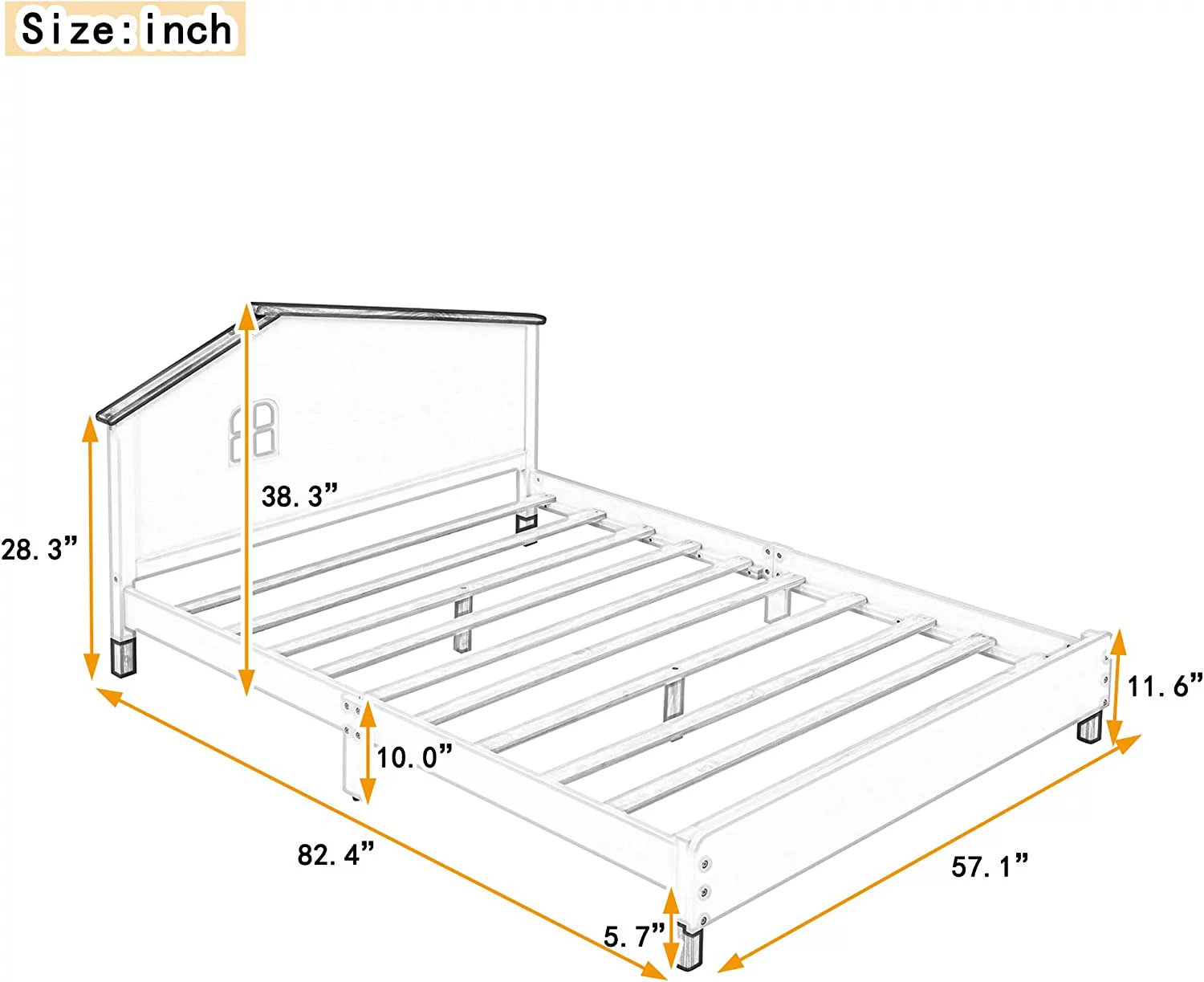 Full Size Bed Frame With House-Shaped Headboard, Wooden Kids Full Platform Bed Frame With Shelf Behind, Cute Single Bed For Girls Boys, No Box Spring Needed (Full, White+)