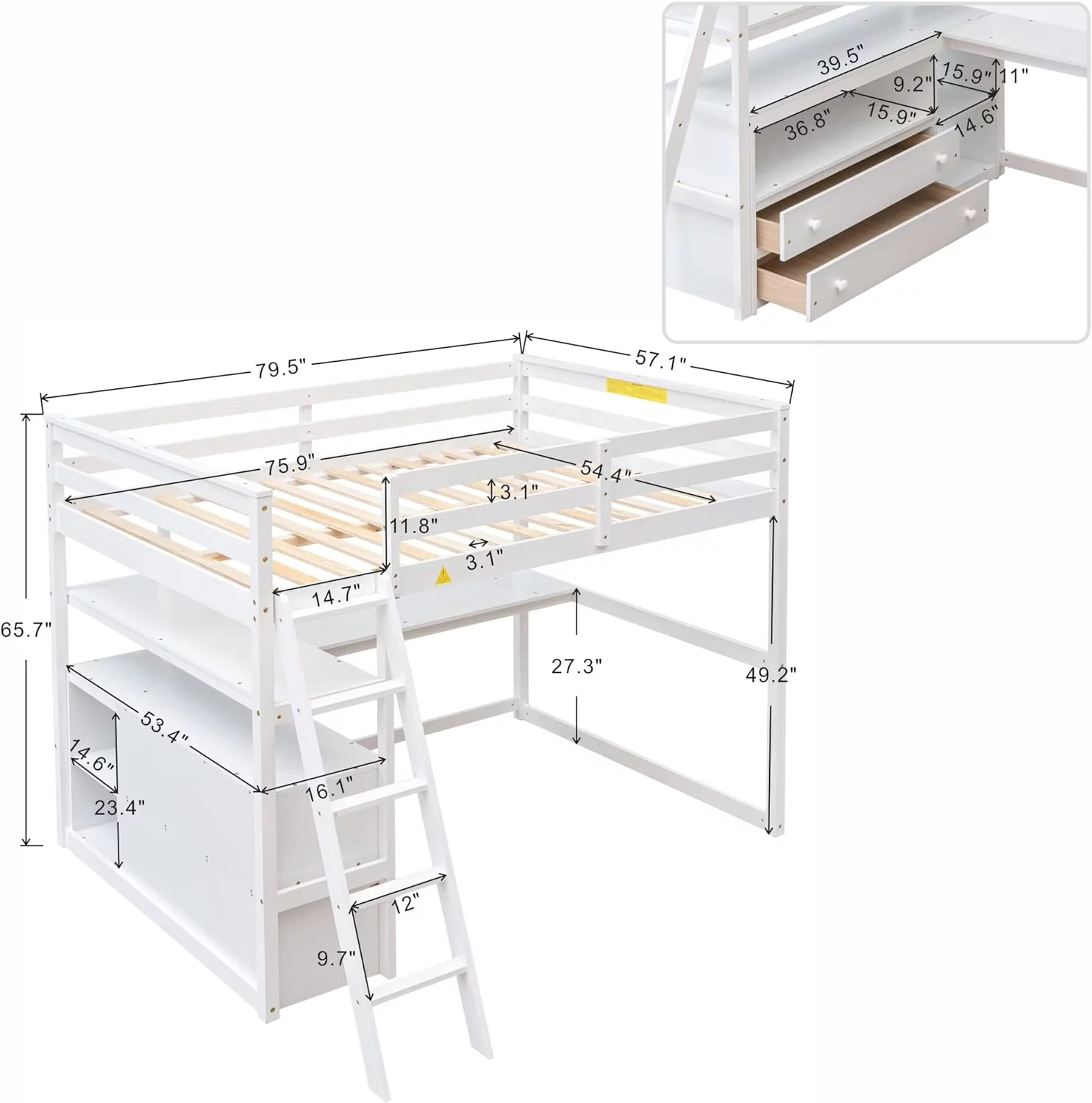 Full Size Loft Bed With Desk And Shelves, Wood Loft Bed With Storage Drawers For Kids Teens Adults, No Box Spring Needed, White