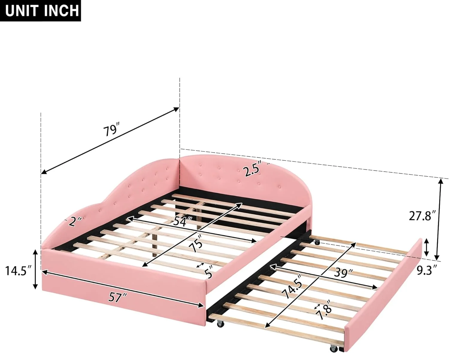 Full Size Daybed Wih rudle, Faux Leaher Upholsered Day Bed Frame, Boom ufed Sofa Bed Wih Cloud Shaped Rails For Bedroom Livig Room Gues Room,