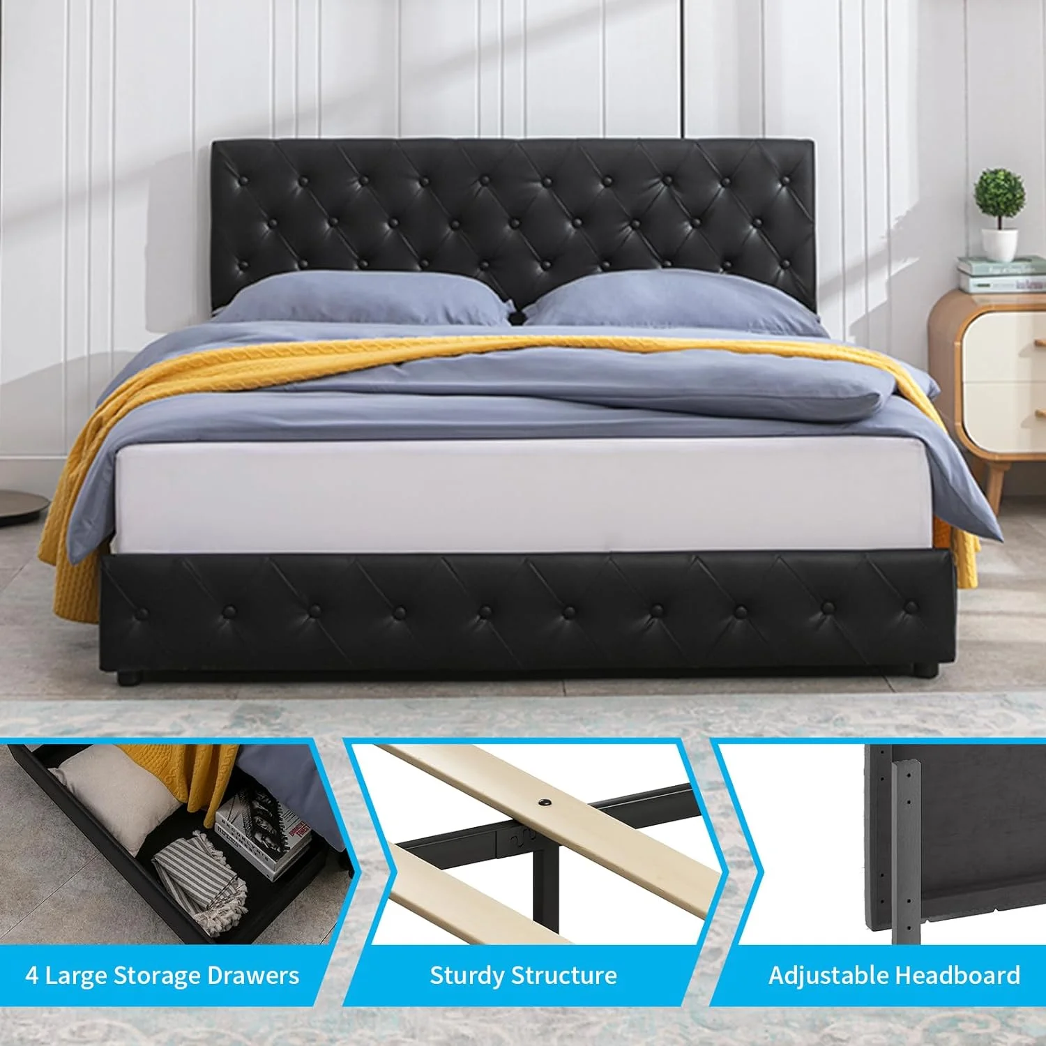 Puremind Upholstered Queen Platform Bed Frame with 4 Storage Drawers, PU Leather Modern Bed Frame with Adjustable Headboard, Button Tufted Design/No Box Spring Needed/Easy Assembly (Black)