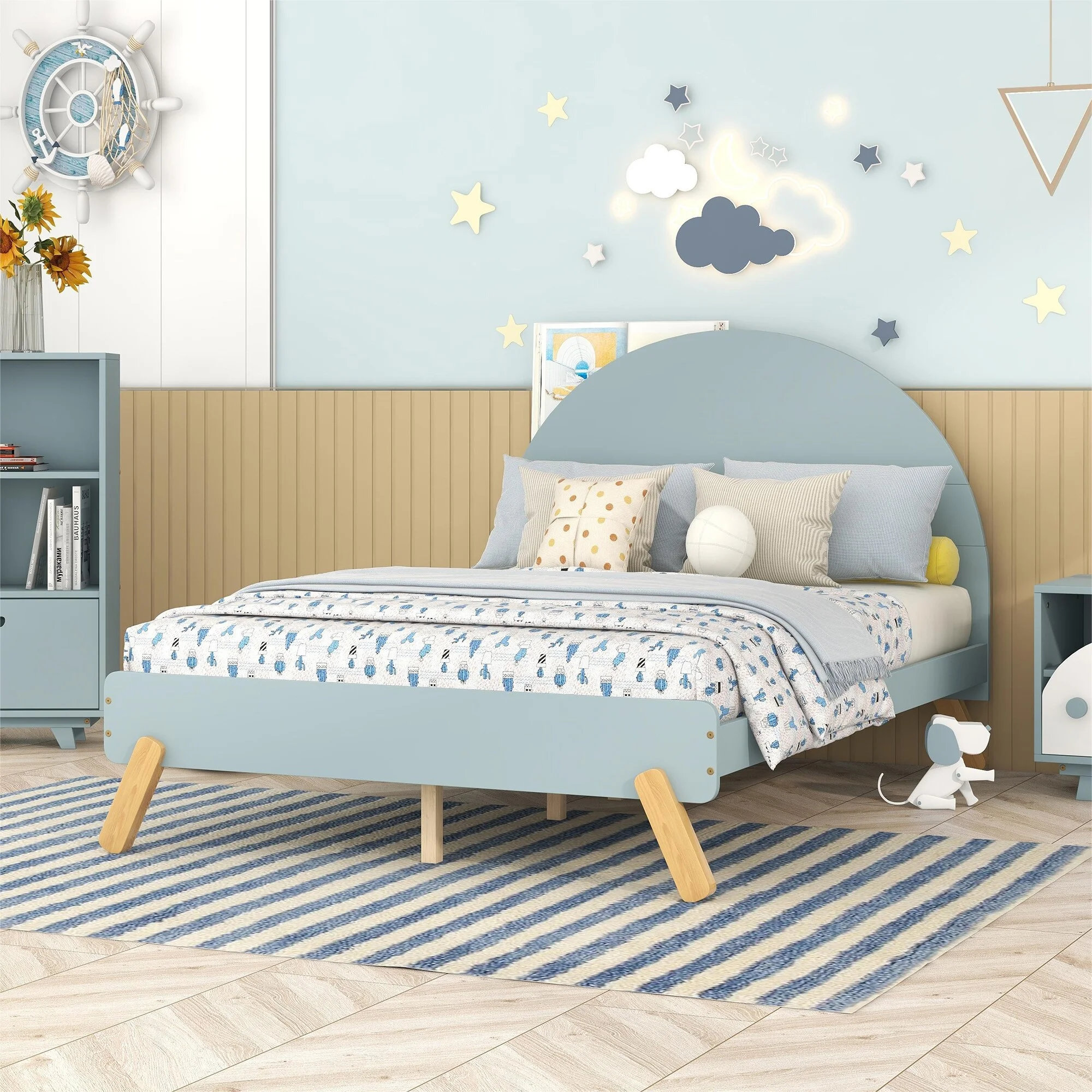 Nestfair  Full Size Wooden Cute Platform Bed With Curved Headboard White