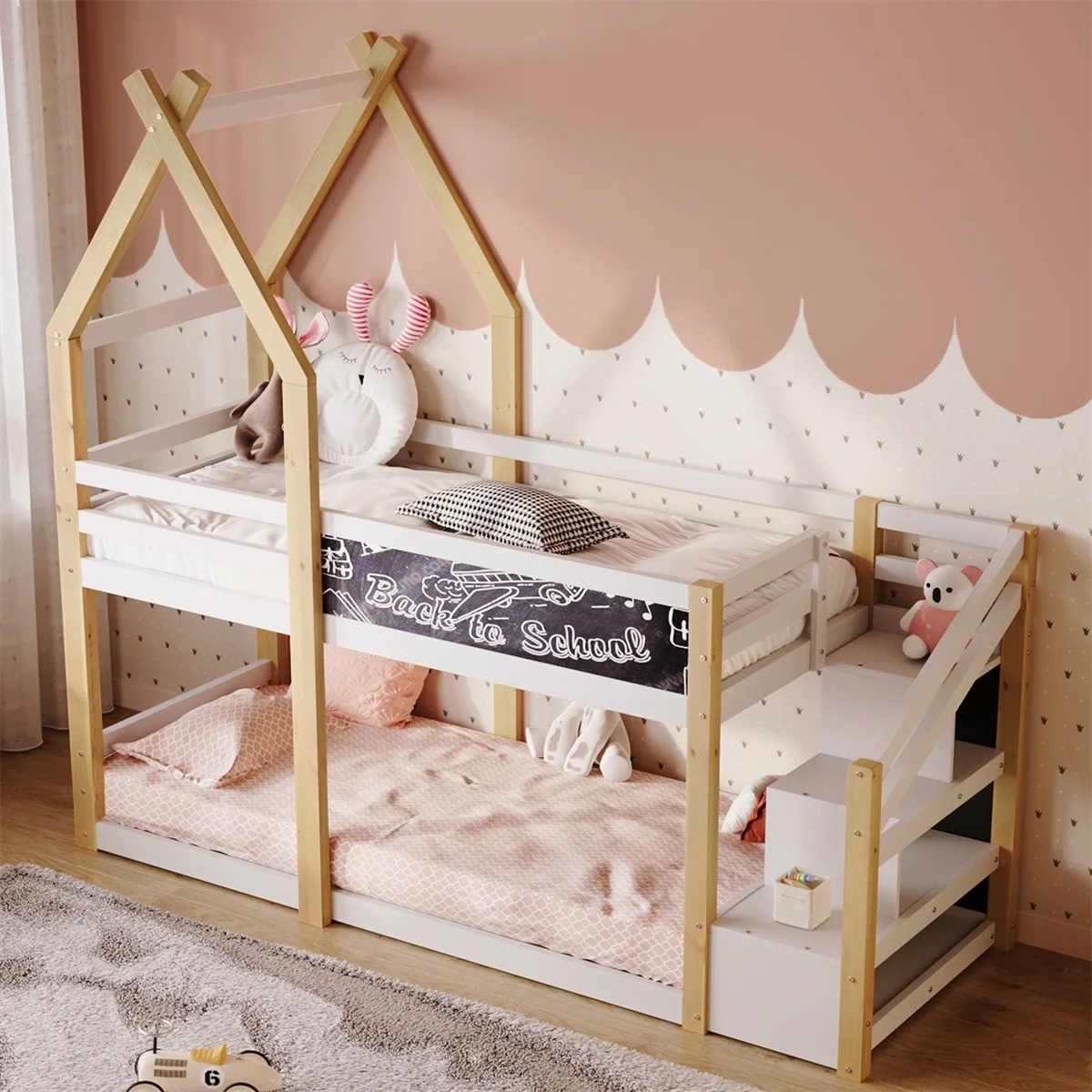 Twin Loft Bed with Stairs, Wooden House Loft Bed Twin Size with Step Storage Stairway Playhouse Bed for Kids, Toddlers, Girls & Boys, No Box Spring Needed