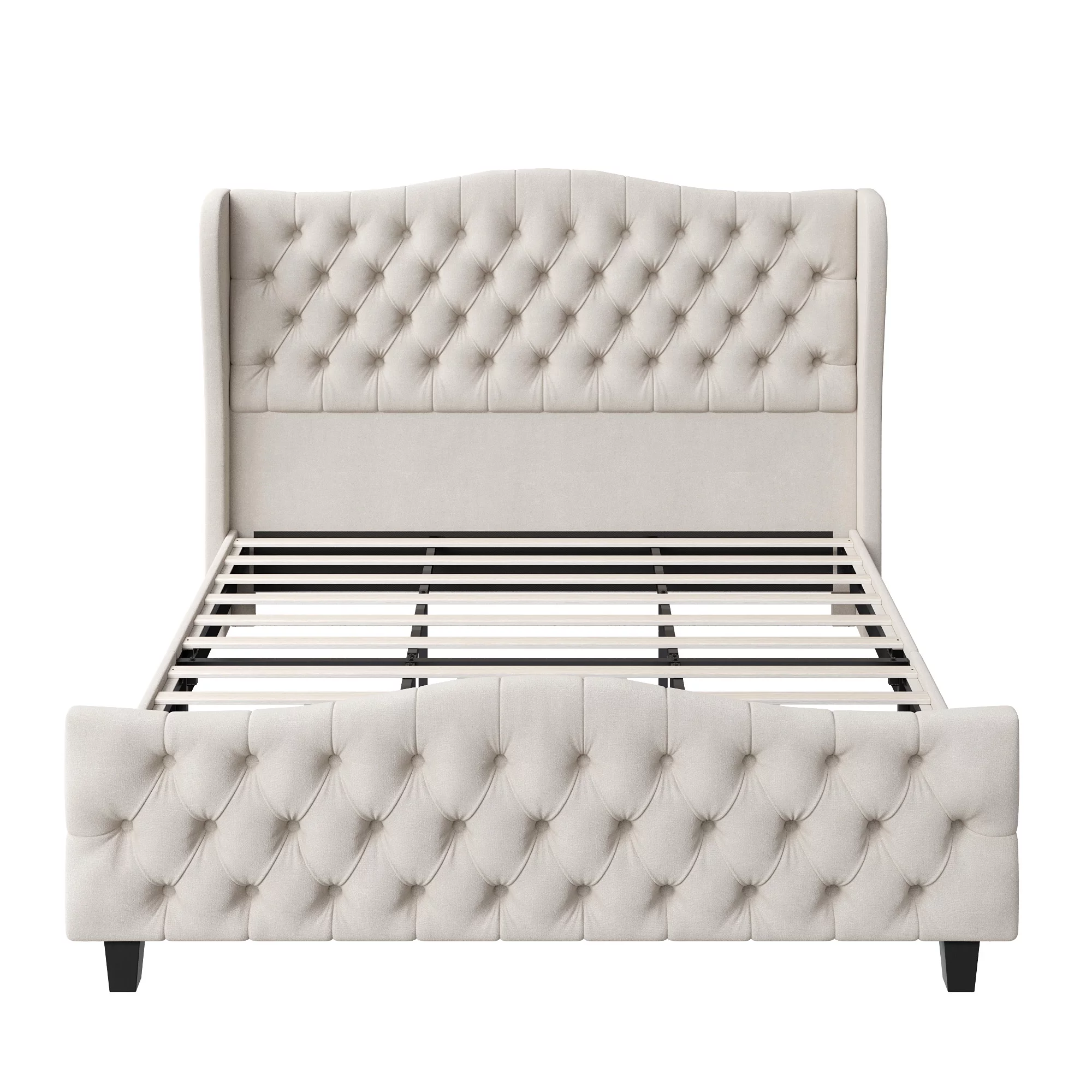 Homfa Full Size Bed, 54.3” Tall Modern Velvet Tufted Upholstered Platform Bed Frame with Deep Button Wingback Headboard, Beige