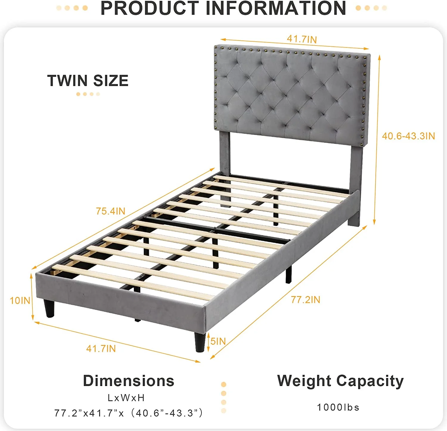 Reliancer Twin Size Velvet Bed Frame, Upholstered Platform Bed with Adjustable Tufted Headboard, Rivet Ornament, Wood Slat Support, No Box Spring Needed, Easy Assembly, Grey