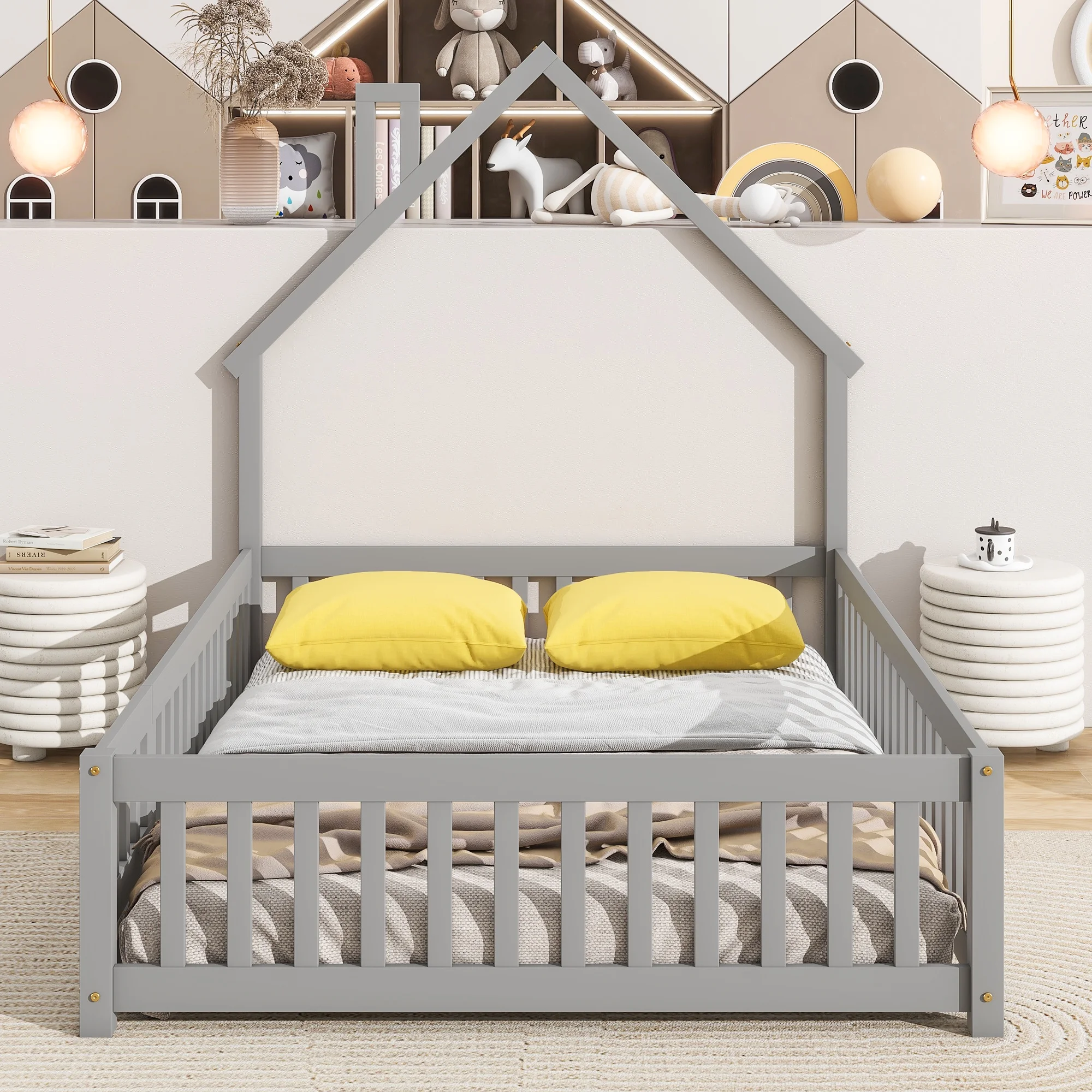 CoSoTower Full House-Shaped Headboard Floor Bed with Fence ,Grey