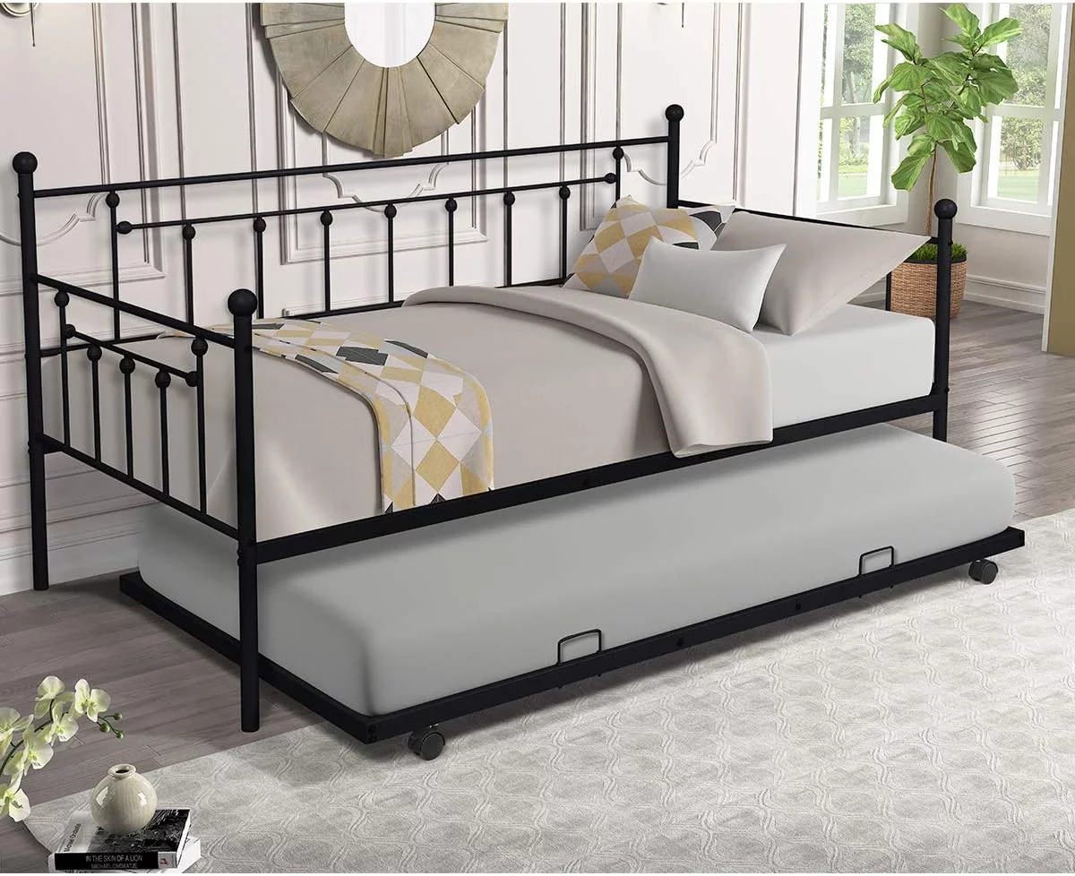 Daybed with Trundle Twin Size Metal Frame Daybed and Roll Out Trundle