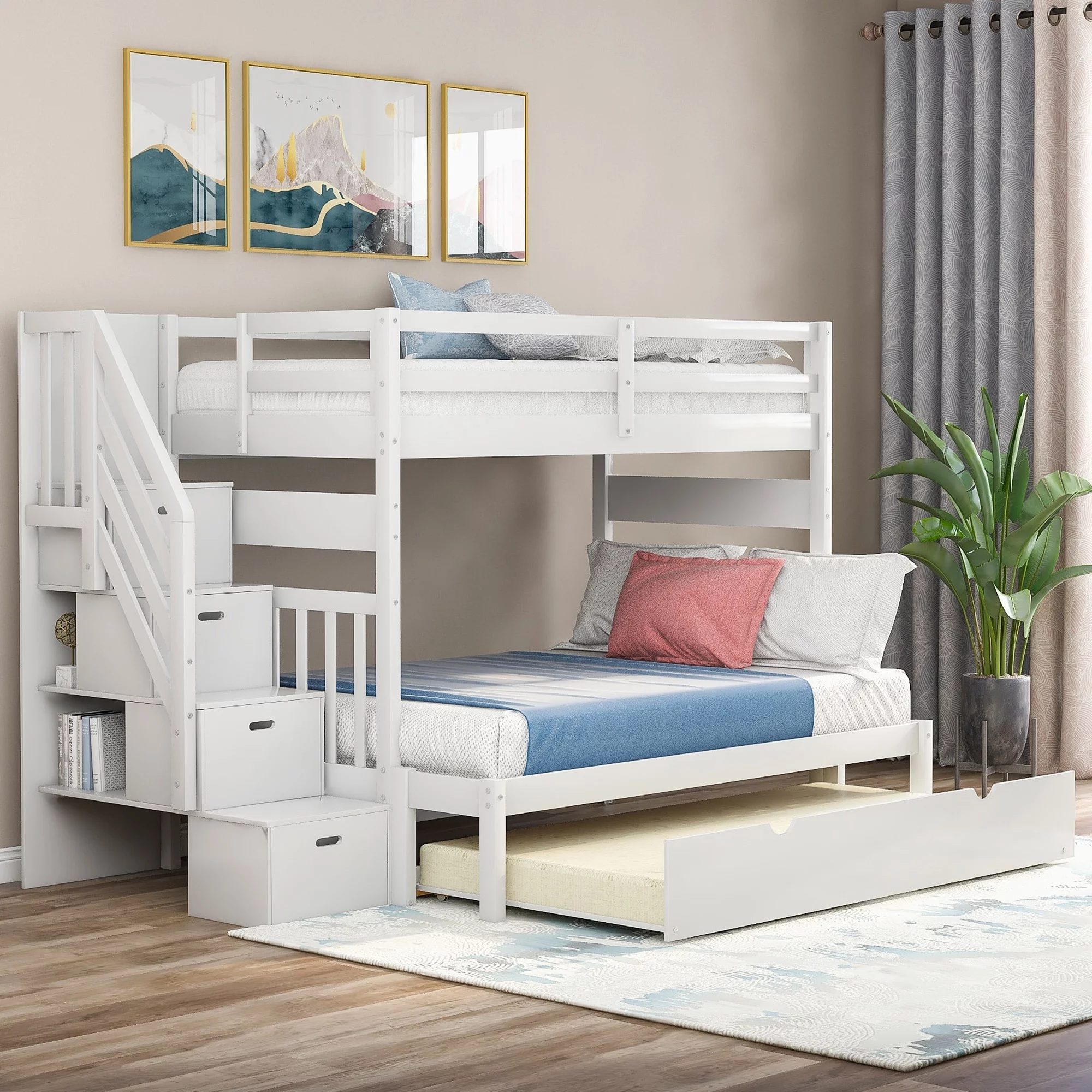 Twin over Twin/Full Bunk Bed with Twin Trundle, 3 Open Compartments and 4 Drawers Grey