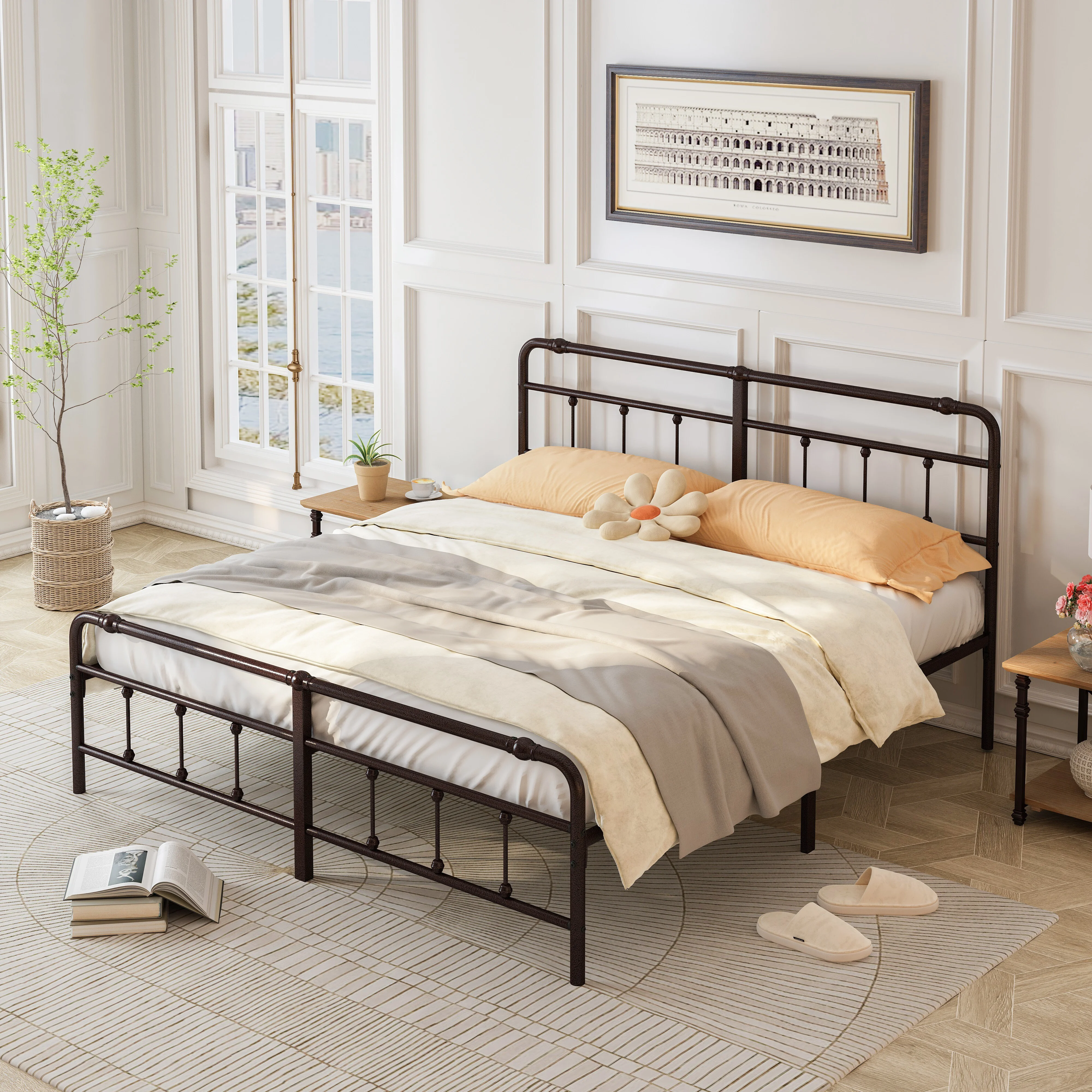 King Size Platform Bed Frame with Victorian Style Wrought Iron-Art Headboard - Sturdy Metal Bedframe