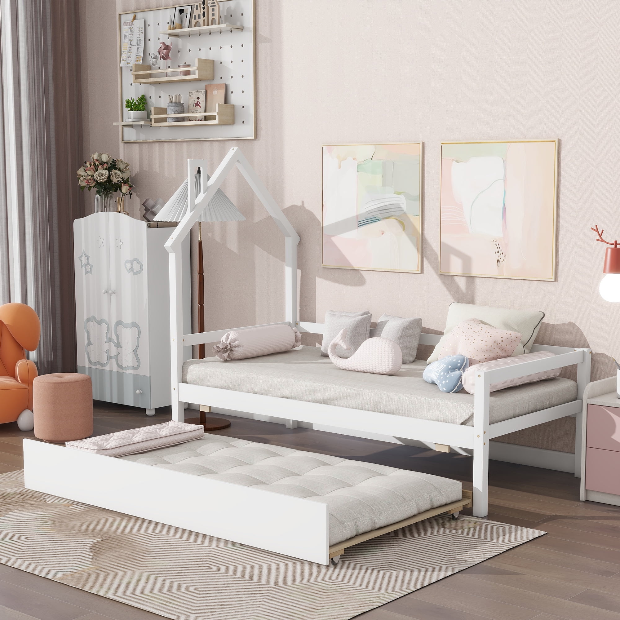 Momspeace Twin Size Daybed with Trundle, House-Shaped Headboard Bed with Guardrails Roof for Kids Bedroom, White