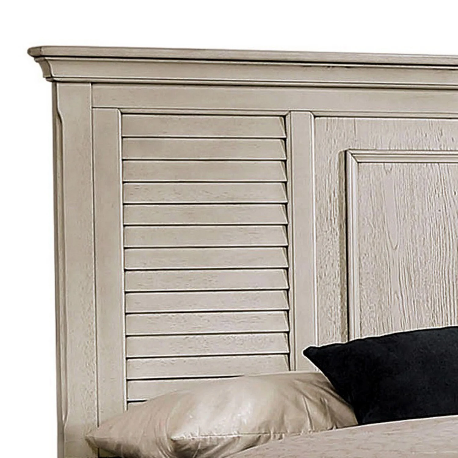 Benjara  2 Drawer Storage Shutter Headboard Eli Queen Size Platform Bed, Antique White & Nickel