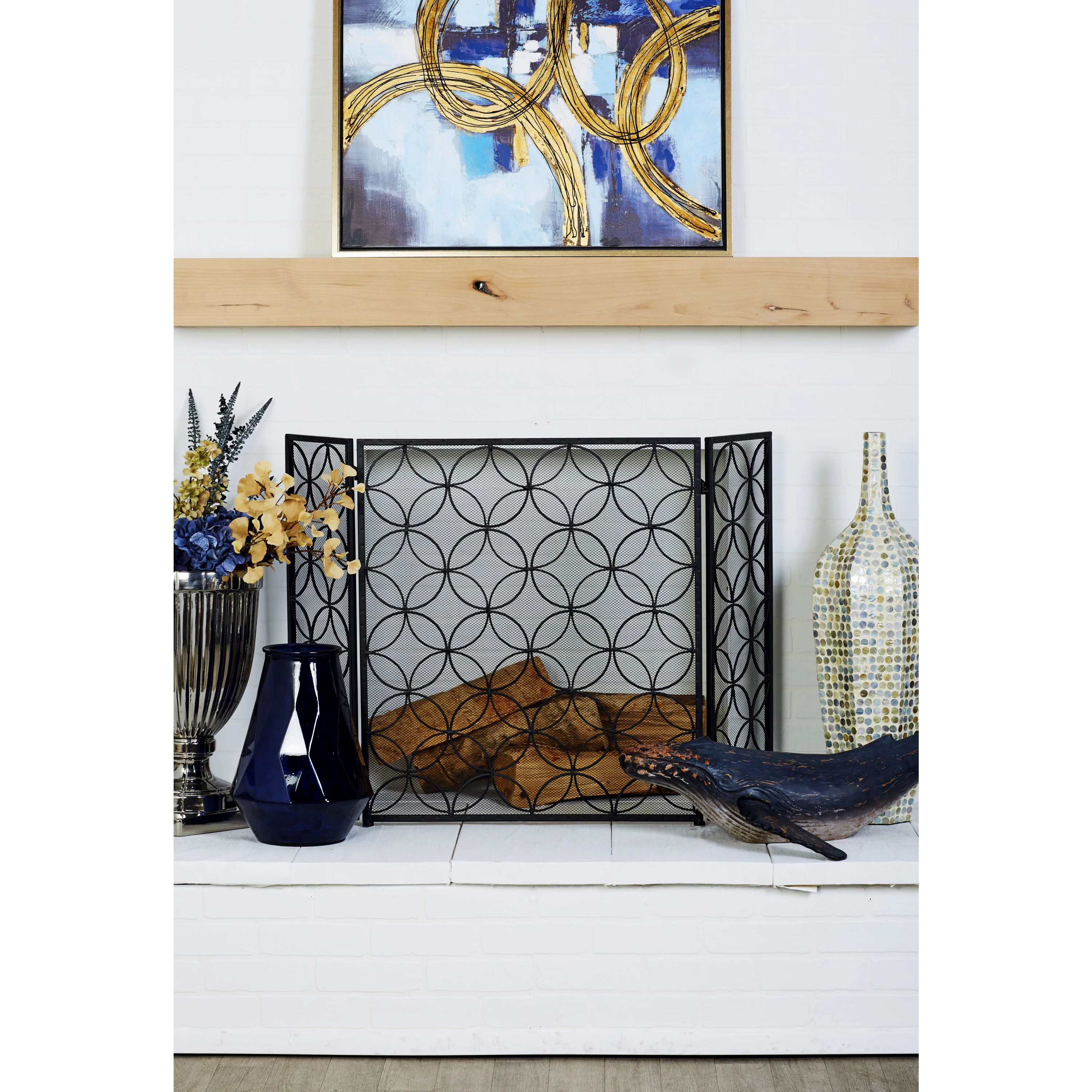DecMode Contemporary Metal Foldable Quatrefoil Pattern 3 Panel Fireplace Screen with Mesh Netting and Black Finish, 48
