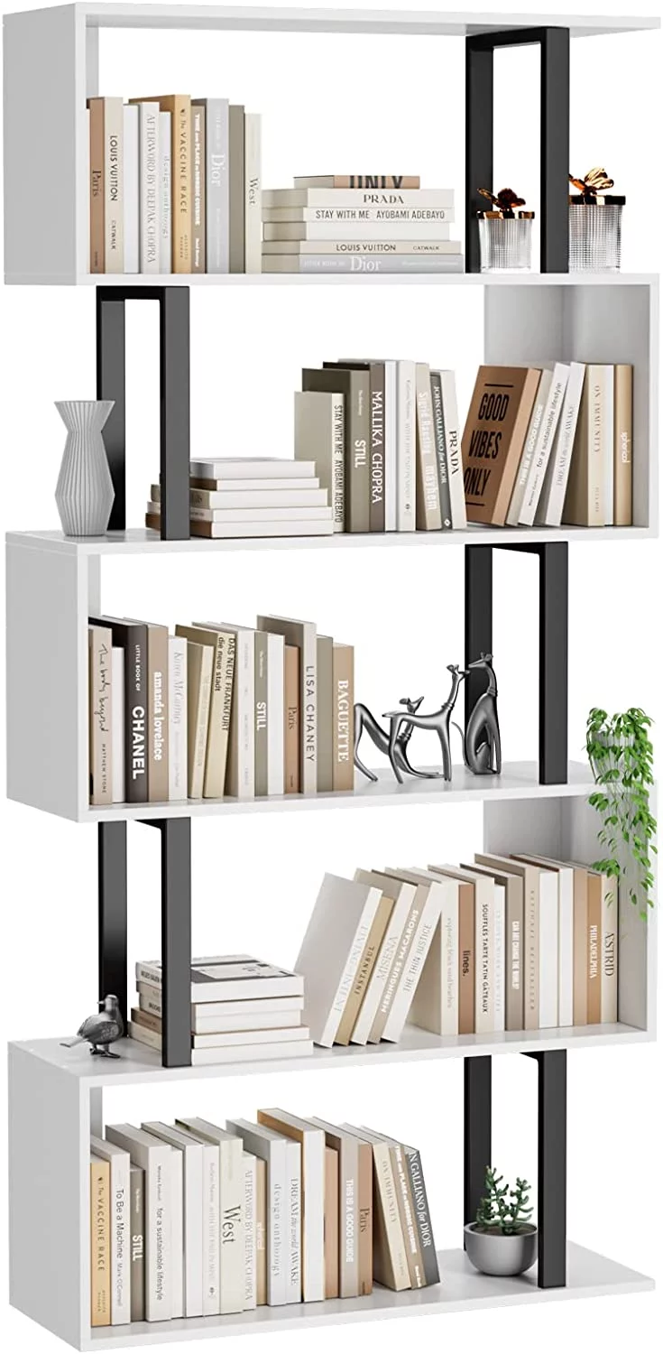 HOMEFORT 5 Tier Geometric Bookcase, Black and White Book Shelves, Modern Corner Bookcase Storage Shelf Wood for Living Room Home Office, White