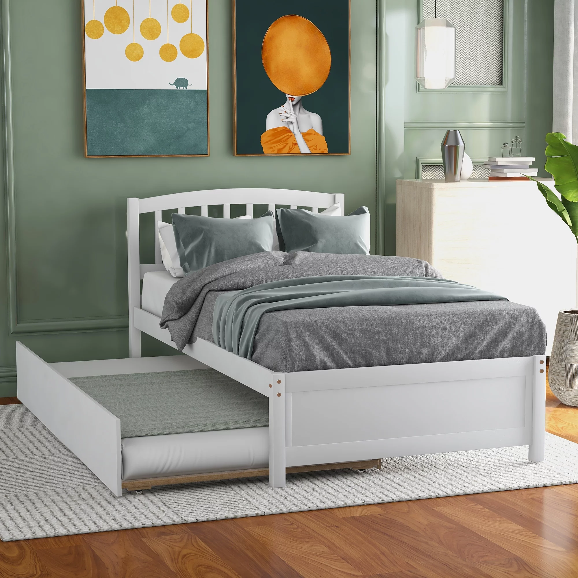Momei Twin size Platform Bed Wood Bed Frame with Trundle White