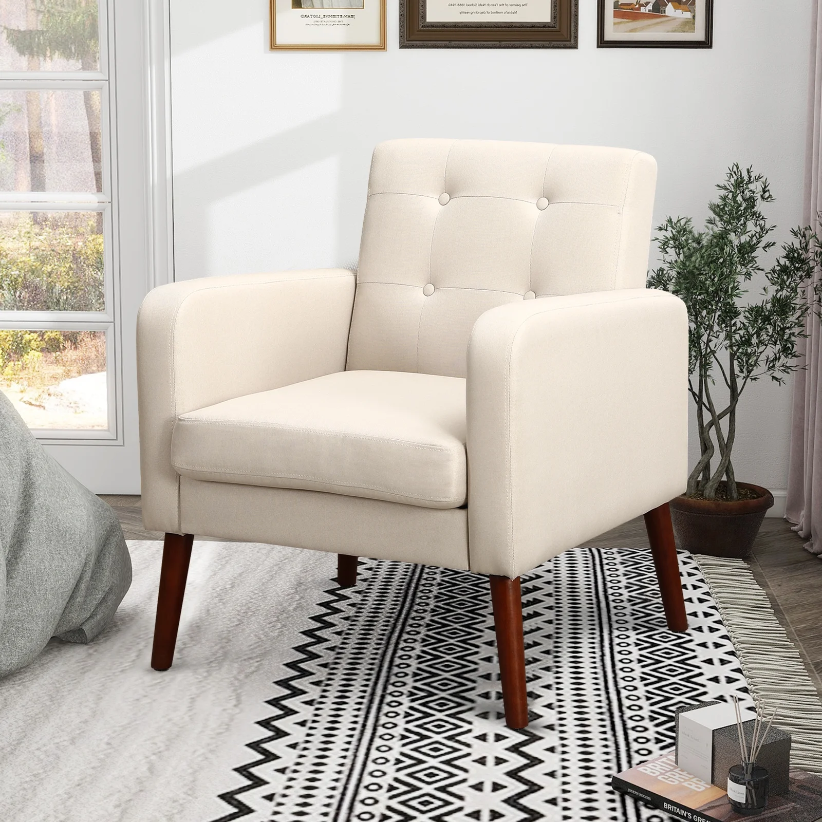 SYNGAR Accent Chair for Living Room, Bedroom Comfy Reading Armchair with Solid Wood Legs, Modern Tufted Arm Chair Soft Linen Upholstered Cozy Side Single Sofa Chair Relaxing Seating, Beige