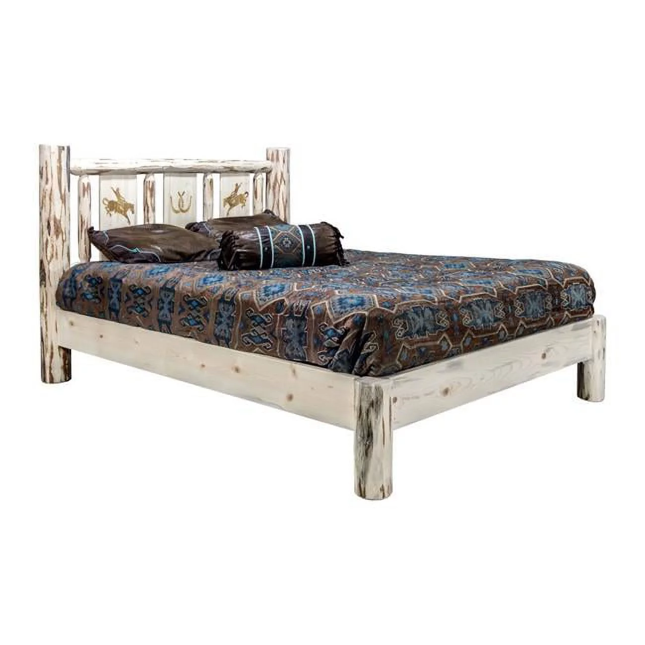 Montana Woodworks Wood King Platform Bed with Laser Engraved Bear in Natural