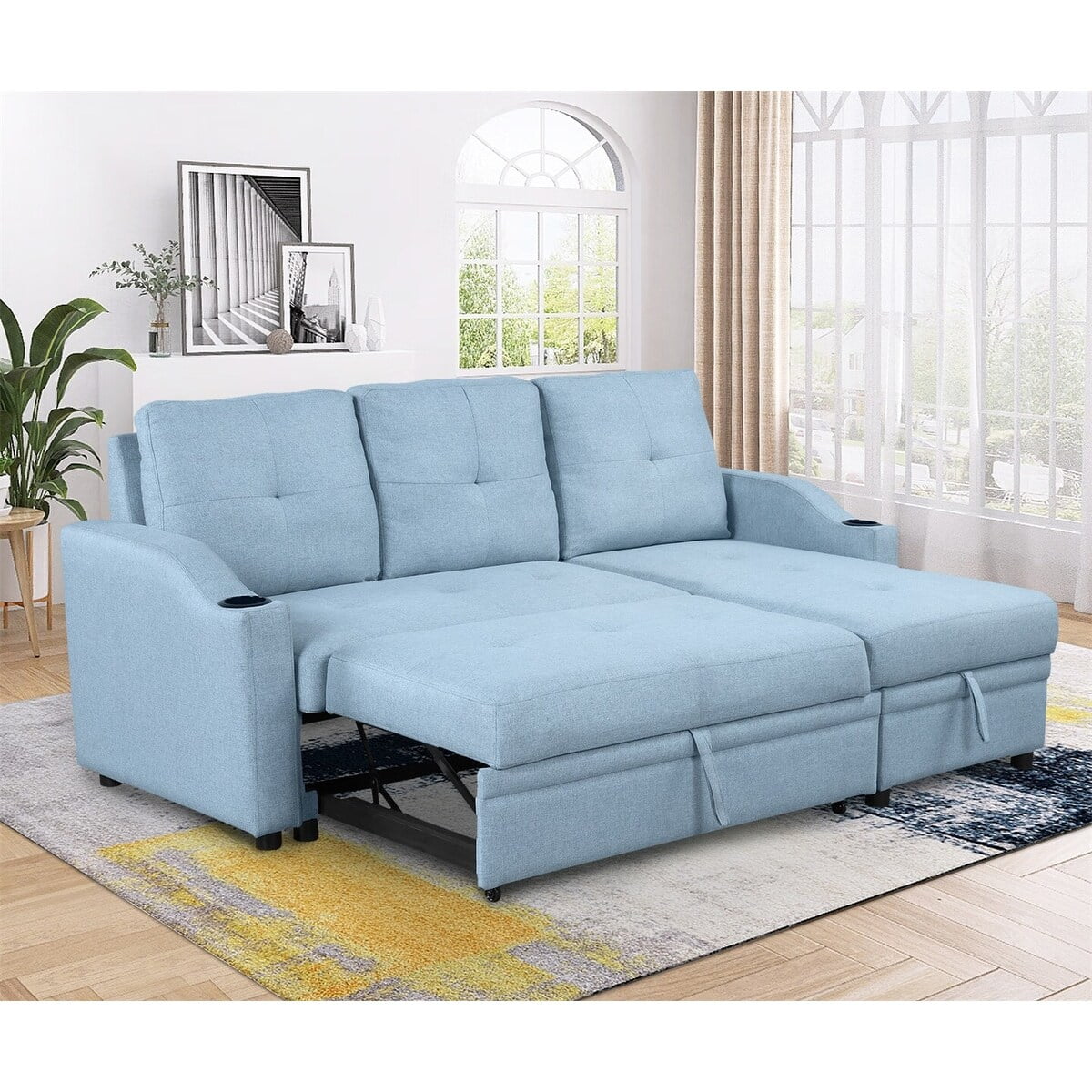 MERAX Modern Pull Out Upholstered Sofa Bed with Storage Chaise and Cup Holder Blue