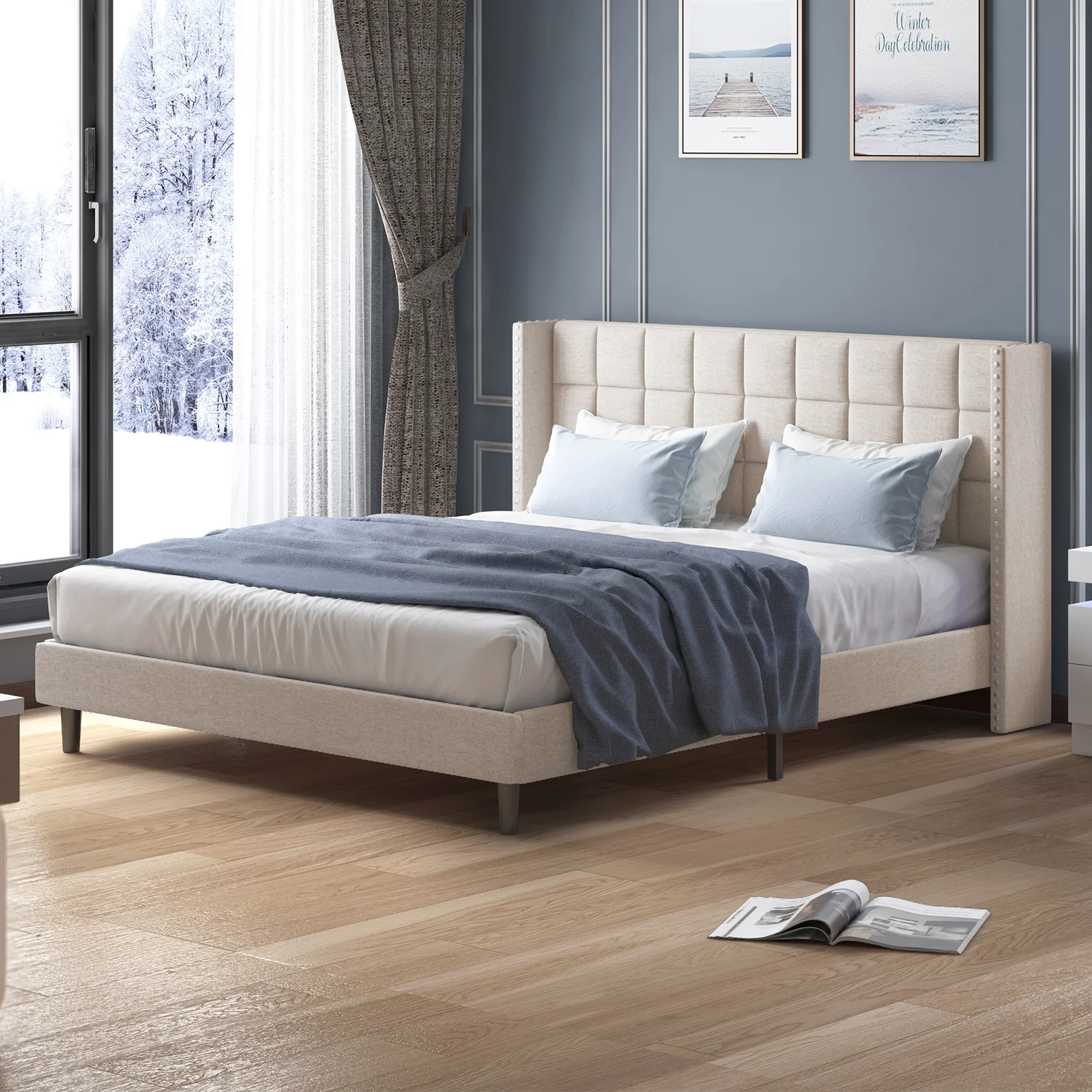 ijuicy Bed Frame with Wingback Headboard, Modern Platform Bed Frame, Velvet Bedframe Queen Size, Bedroom Furniture with Two Rows of Rivet Design(Beige)