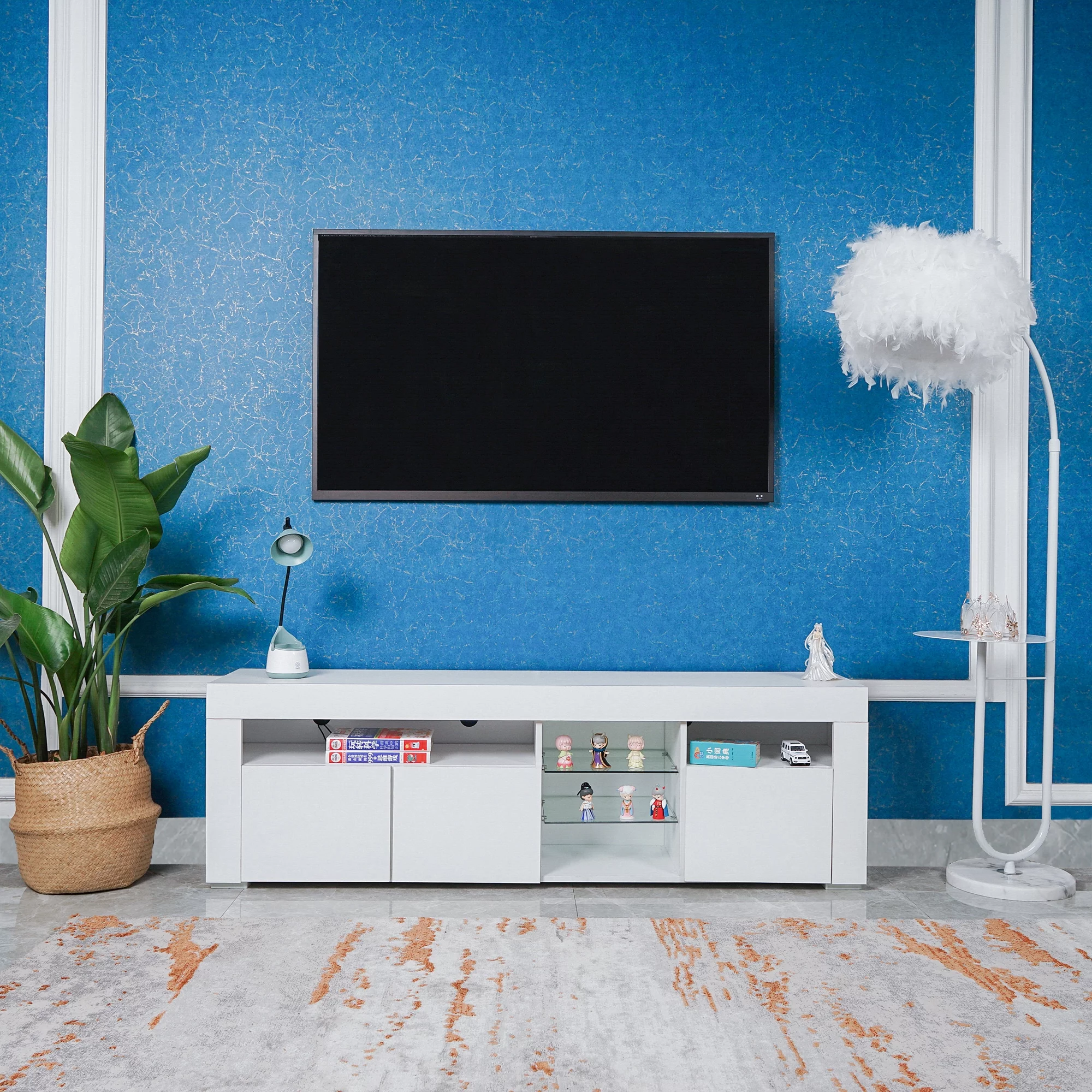 Morden TV Stand with LED Lights, High Glossy Front TV Cabinet,TV Bench up to 63 Inches for Living Room, Bedroom