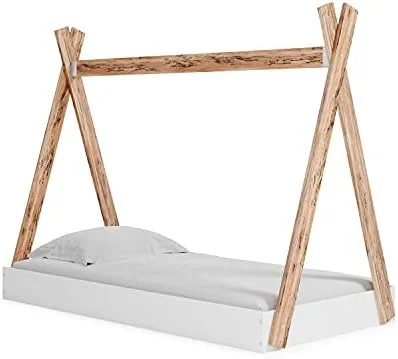 RUNFAYBIU Piperton Contemporary Youth Tent Bed Frame Full Natural Wood & White
