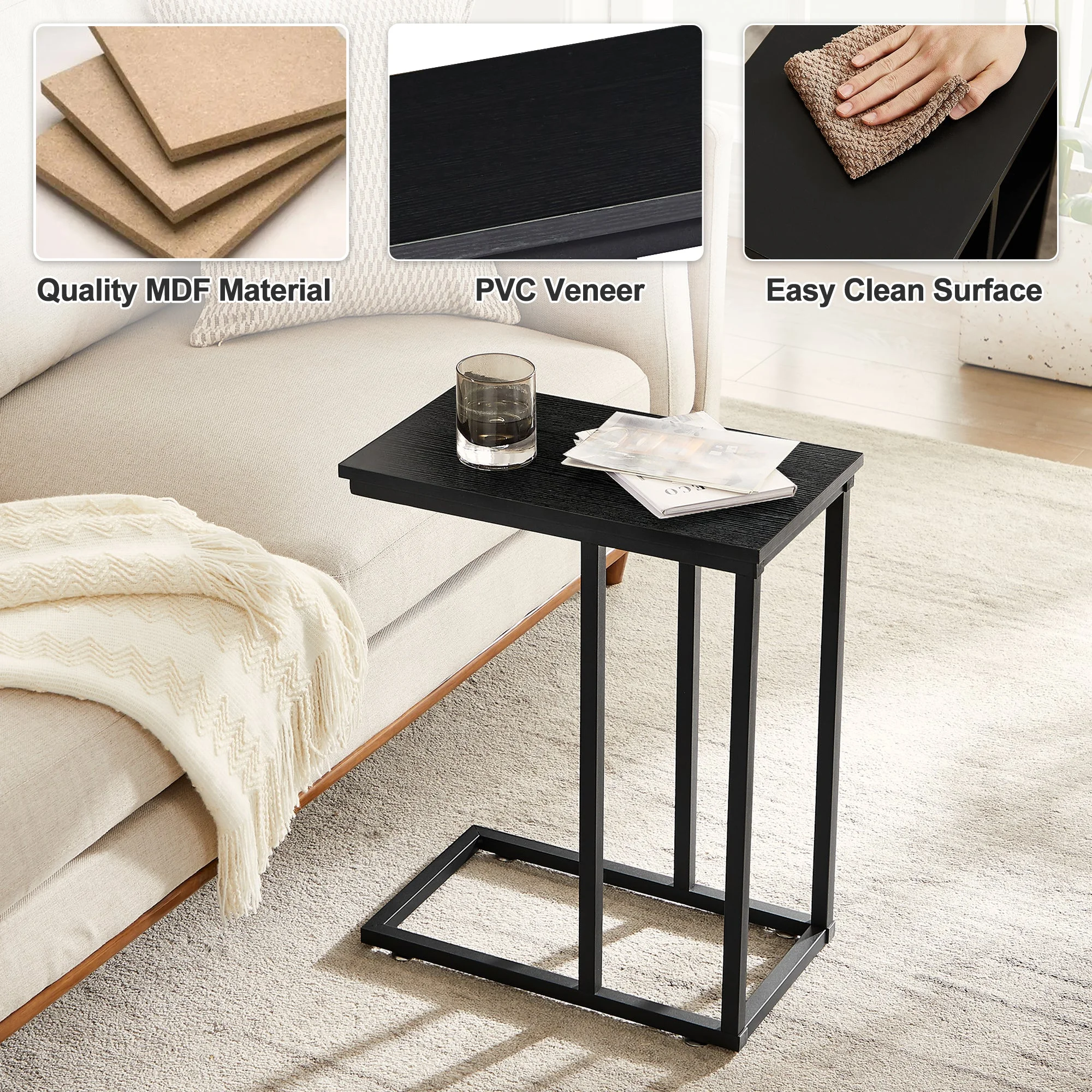 VECELO Set of 2 C-Shape Rectangle Side Table, Modern Sofa End Table with Metal Frame, Narrow Bedside Table for Bedroom, Black