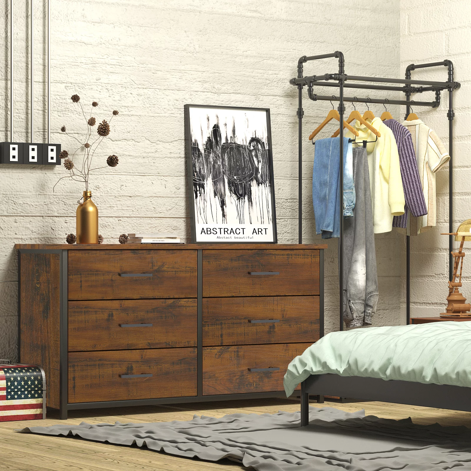 IKENO 6 Drawer Double Dresser, Industrial Wood Dresser for Bedroom, Sturdy Steel Frame