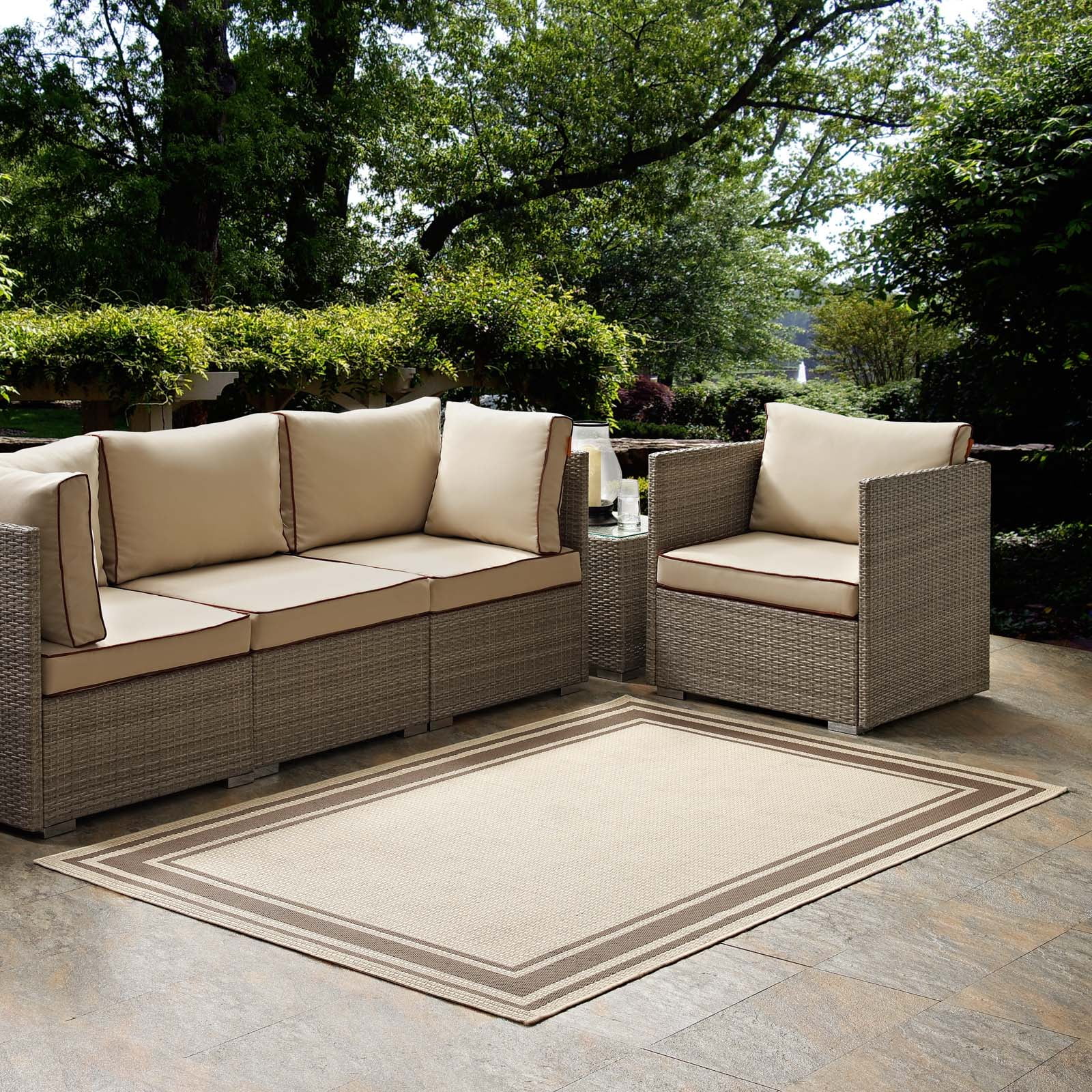 Modway Rim Solid Border 8x10 Indoor and Outdoor Area Rug in Light and Dark Beige