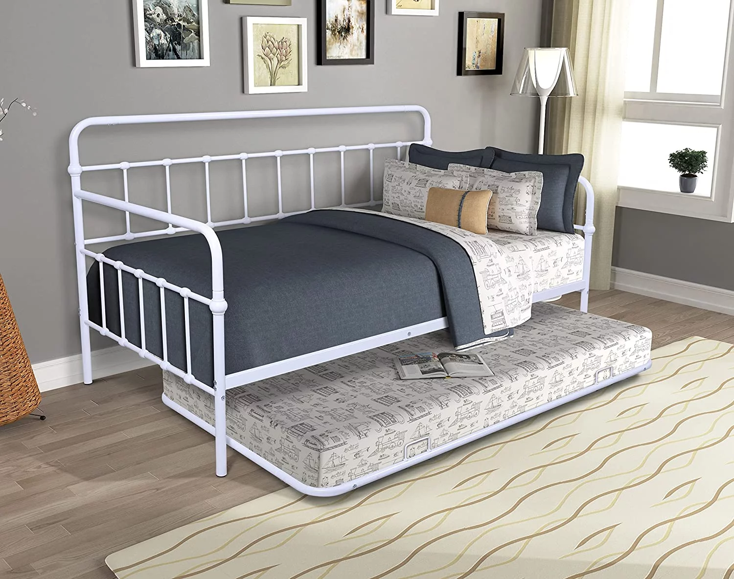 Metal Daybed with Trundle Twin Sofa Bed Frame White, No Box Spring Needed