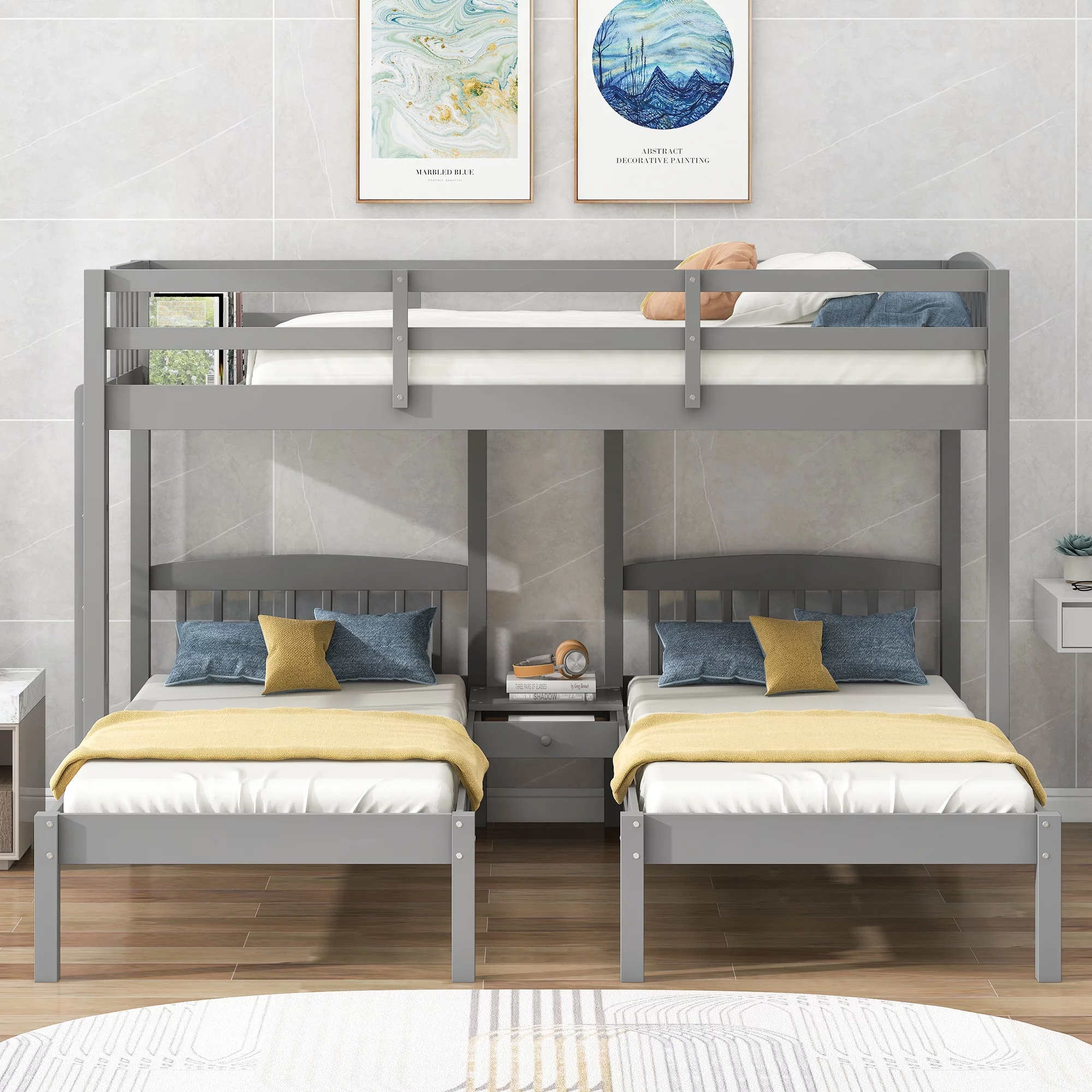 Twin over Twin & Twin Bunk Bed for Kids, Wood Triple Bunk Bed Frame 3 Bed Bunk Bed with Full Length Guardrails and Built-in Middle Shelf for Bedroom (Gray)
