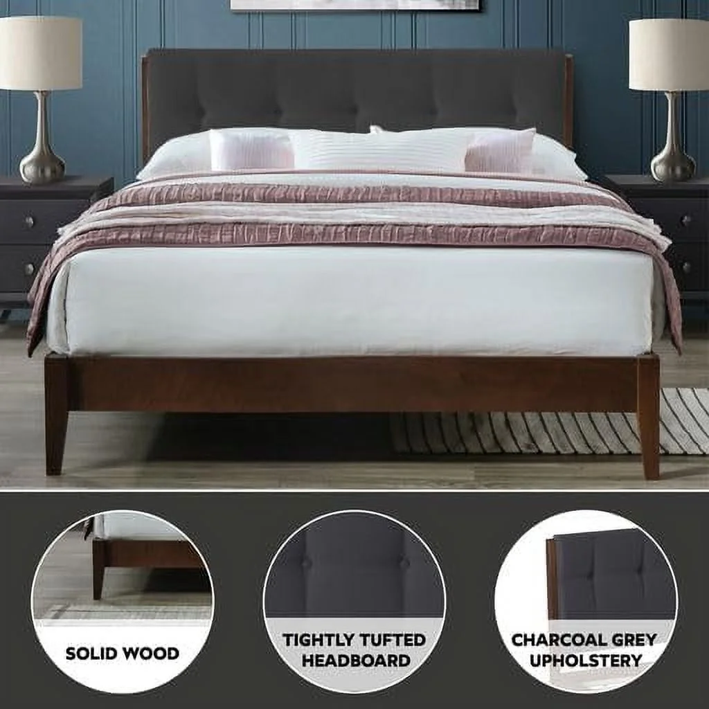 DG Casa Dickens Mid Century Modern Upholstered Platform Bed Frame with Button Tufted Headboard and Full Wooden Slats, Box Spring Not Required - Queen Size in Charcoal Fabric