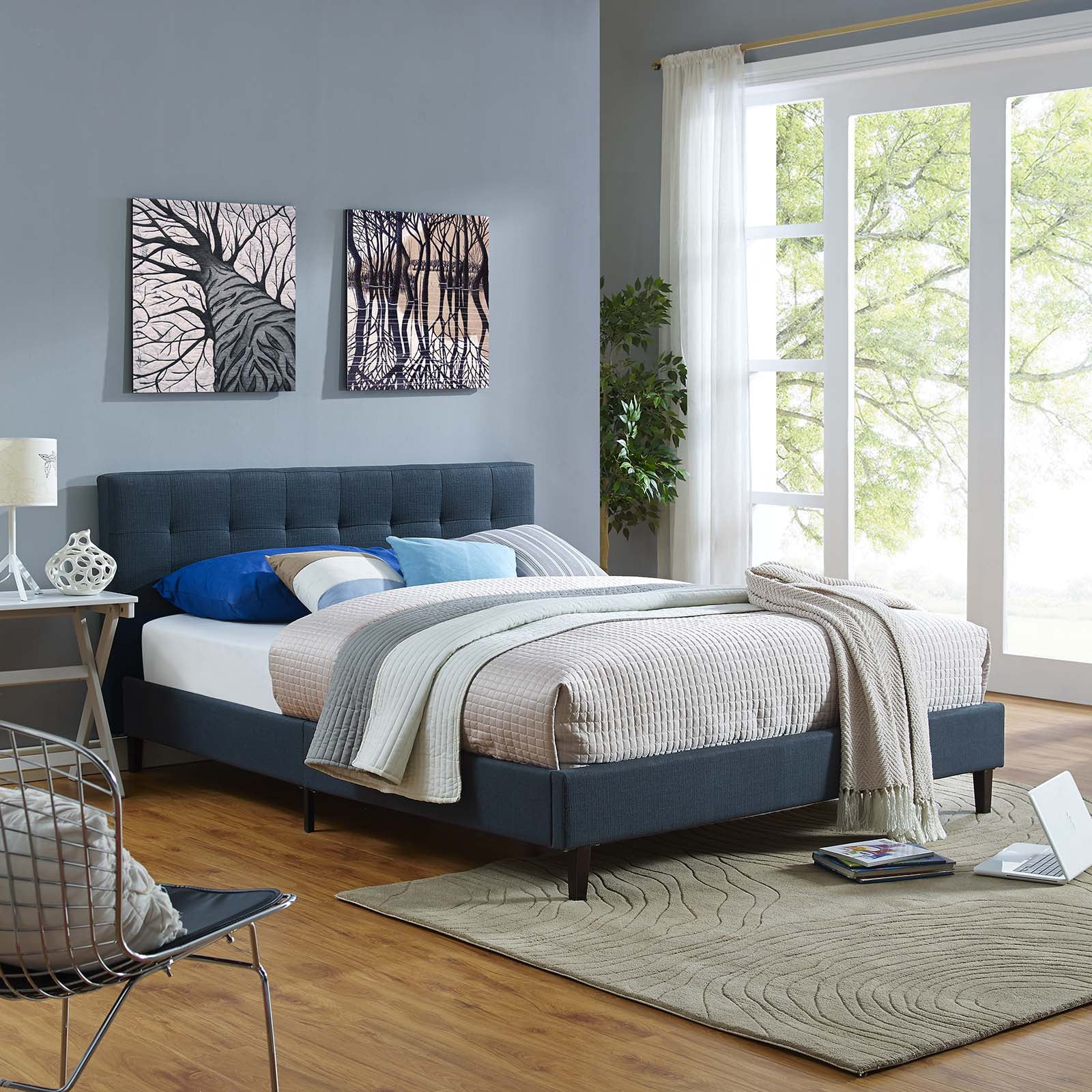Modern Contemporary Urban Design Bedroom Full Size Platform Bed Frame, Navy Blue, Fabric Wood