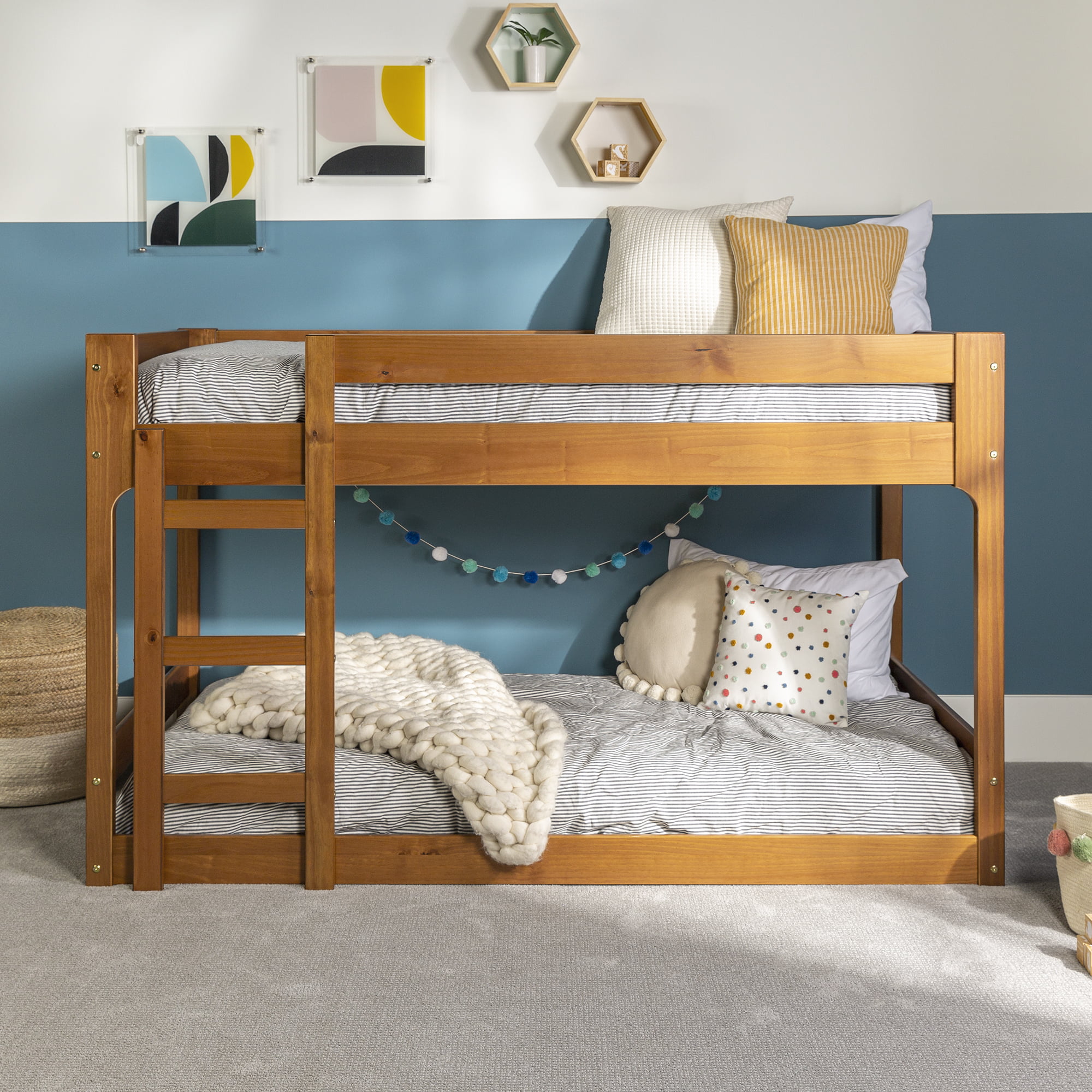 Walker Edison Modern Twin Over Twin Youth Bunk Bed, Caramel