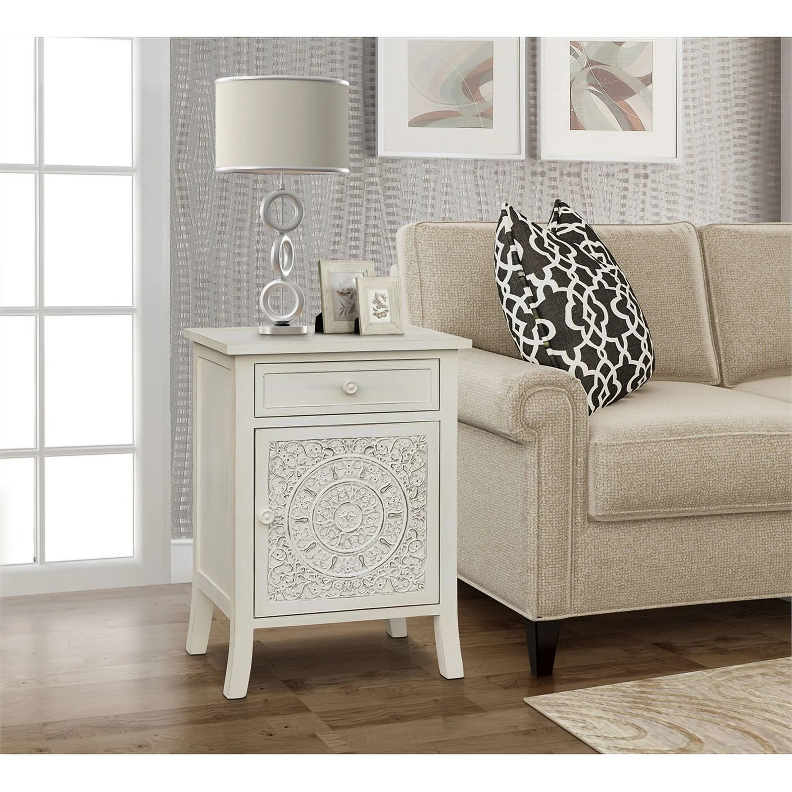 Gallerie Decor Antiqued Carved Transitional Wood Side Table in White