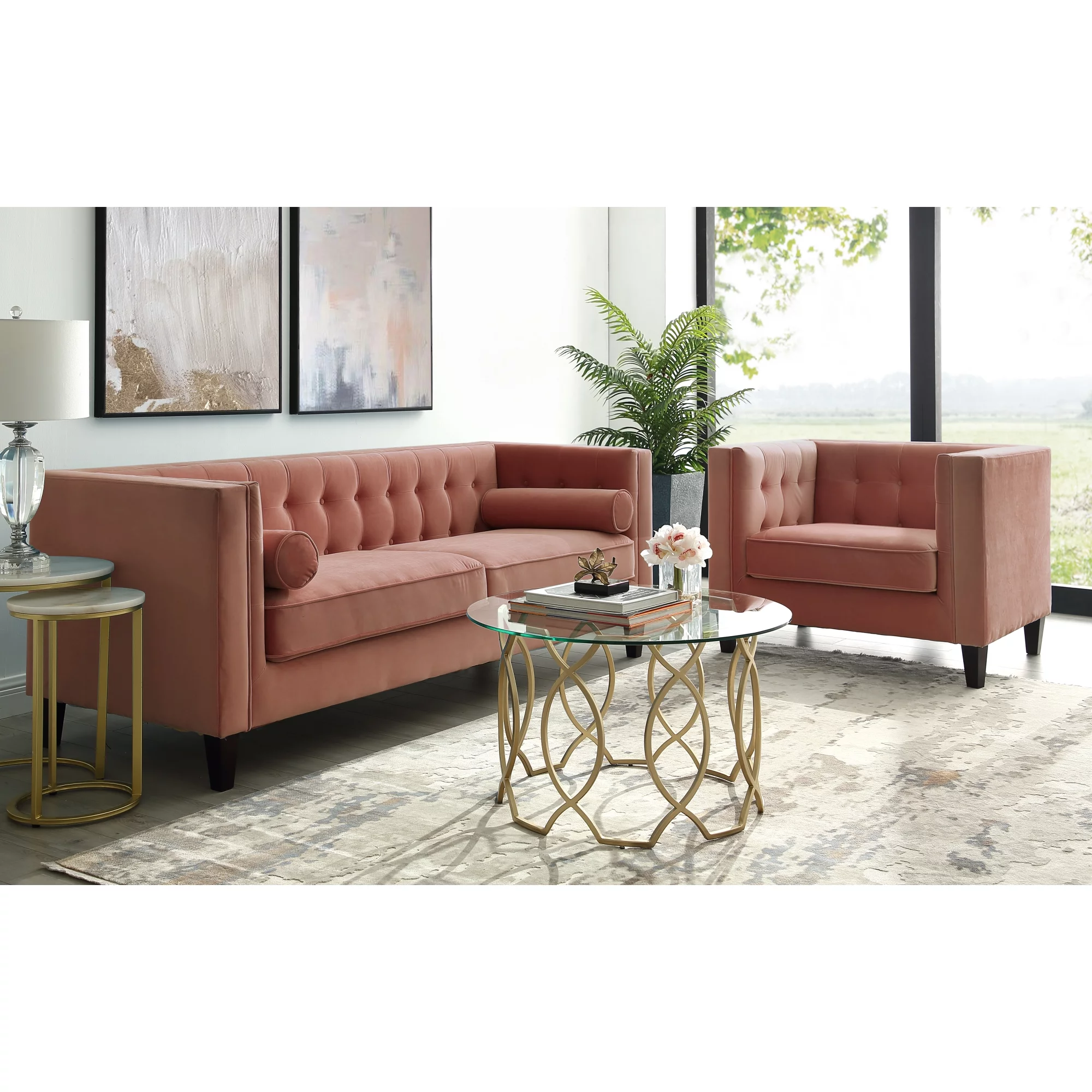 Inspired Home Rin Velvet Club Chair or Sofa Tufted Square Arms Tapered Legs Modern, Blush