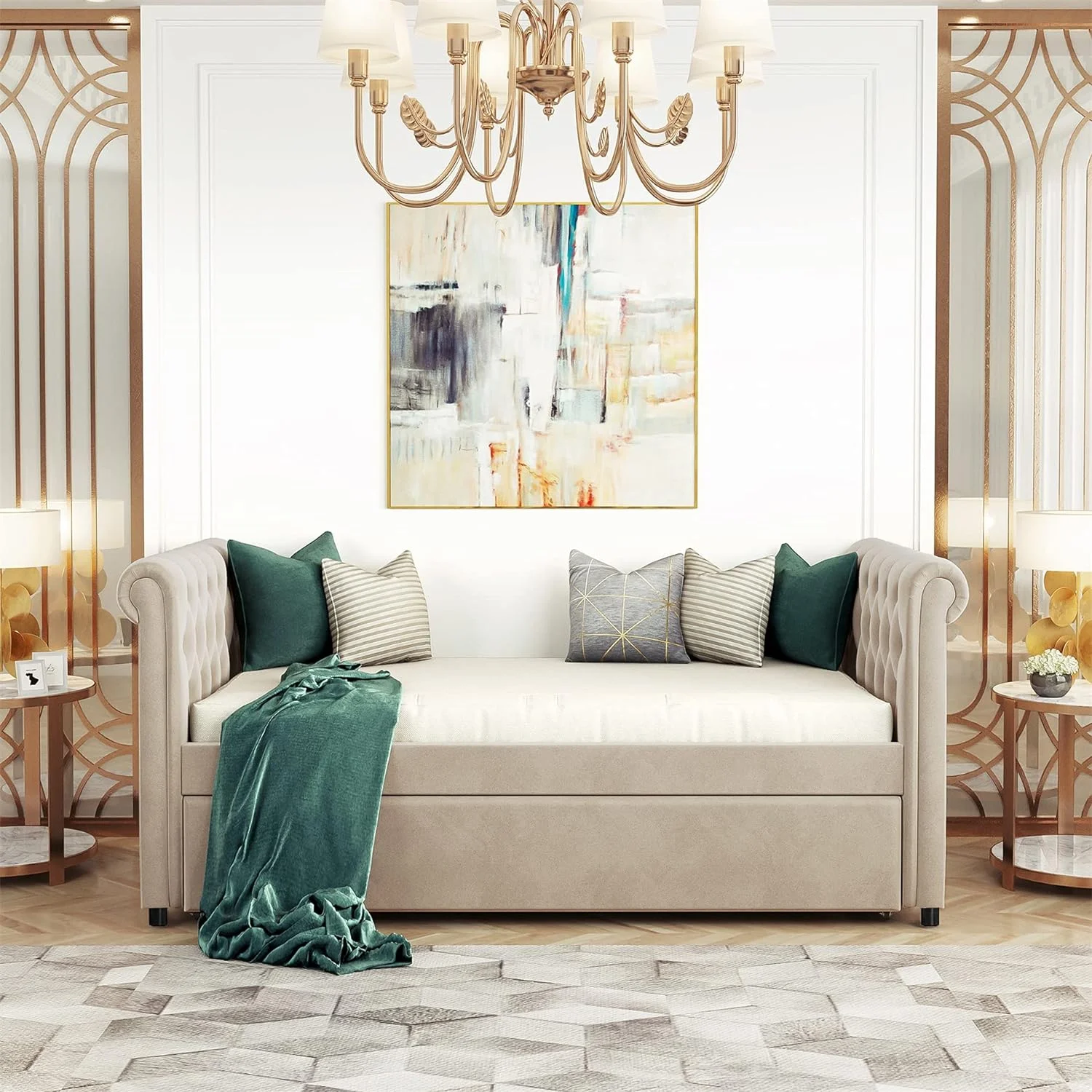 Size Upholstered Daybed With Trundle, Upholstered Tufted Sofa Bed Trundle Daybed With Wood Frame, No Box Spring Needed (Beige)