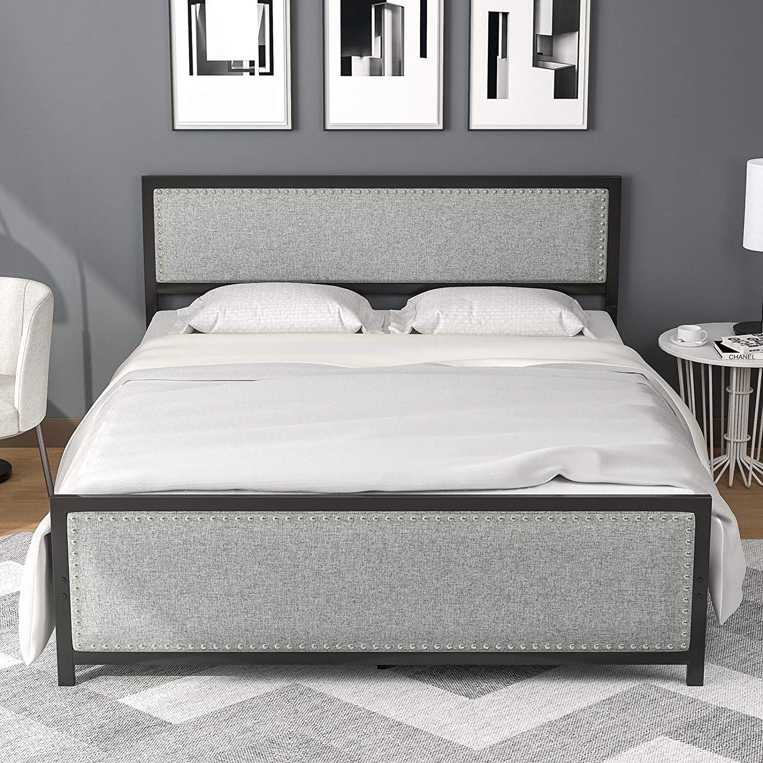 mecor Metal Platform Bed with Grey Upholstered Headboard Footboard, Nailhead Trim Design, Heavy Duty Square Frame Support, No Box Spring Needed - Queen, Black/Grey