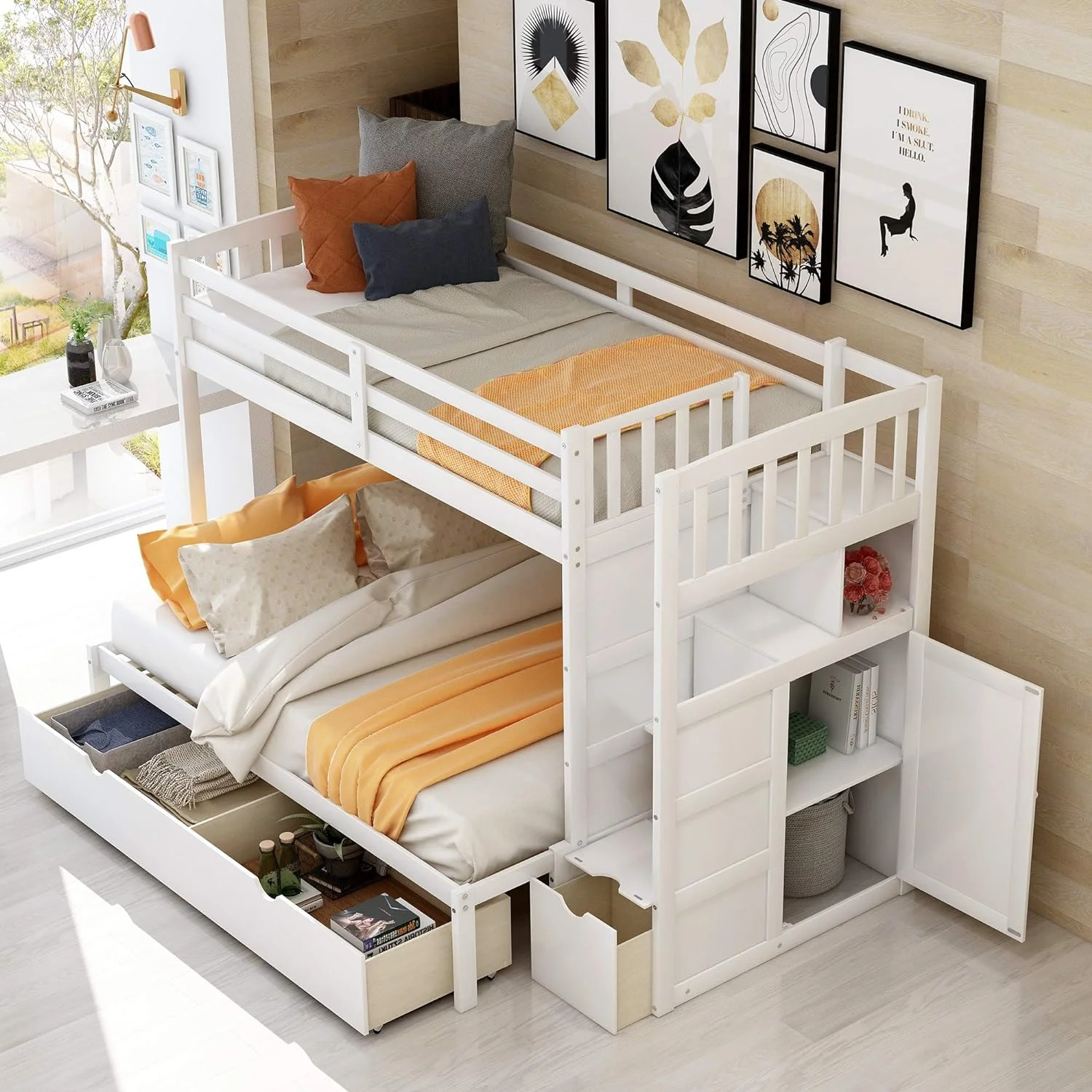 Over Full/ Buk Bed With Stairs, Covertible Bottom Bed, Woode Buk Bed With Storage Shelves Ad Drawers (White)