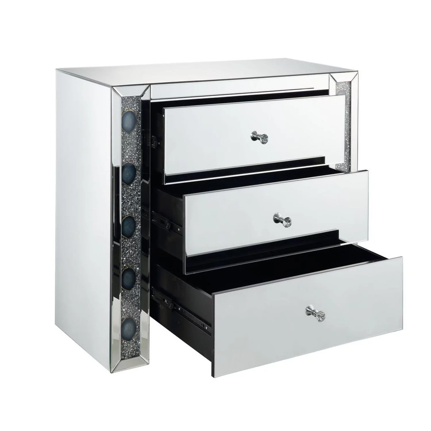 Benzara Chest with 3 Drawers and Mirrored Panels, Silver