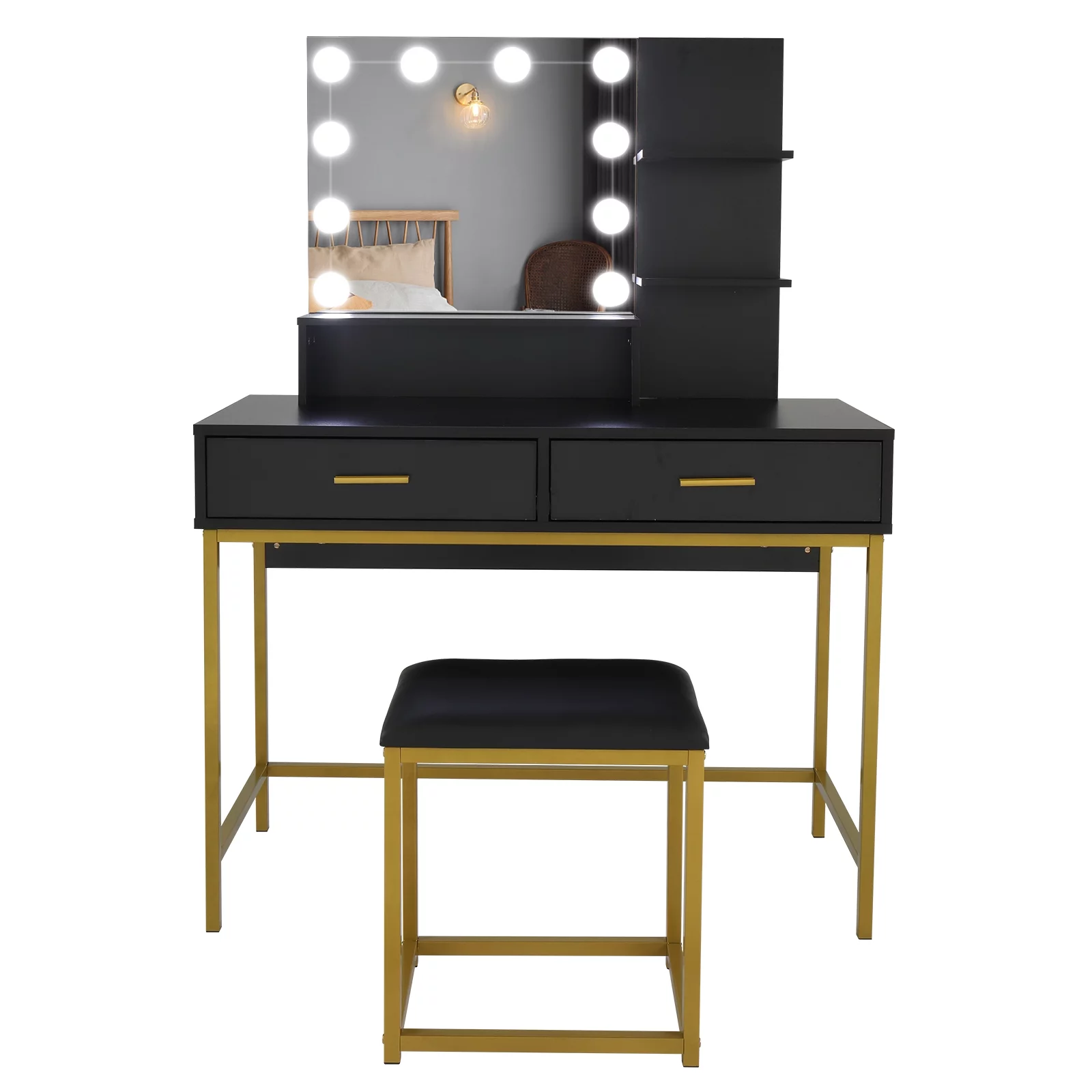 Large Vanity Set with 10 LED Bulbs, Makeup Table with Cushioned Stool, 3 Storage Shelves 2 Drawers, Dressing Table Dresser Desk for Women, Girls, Bedroom- Black