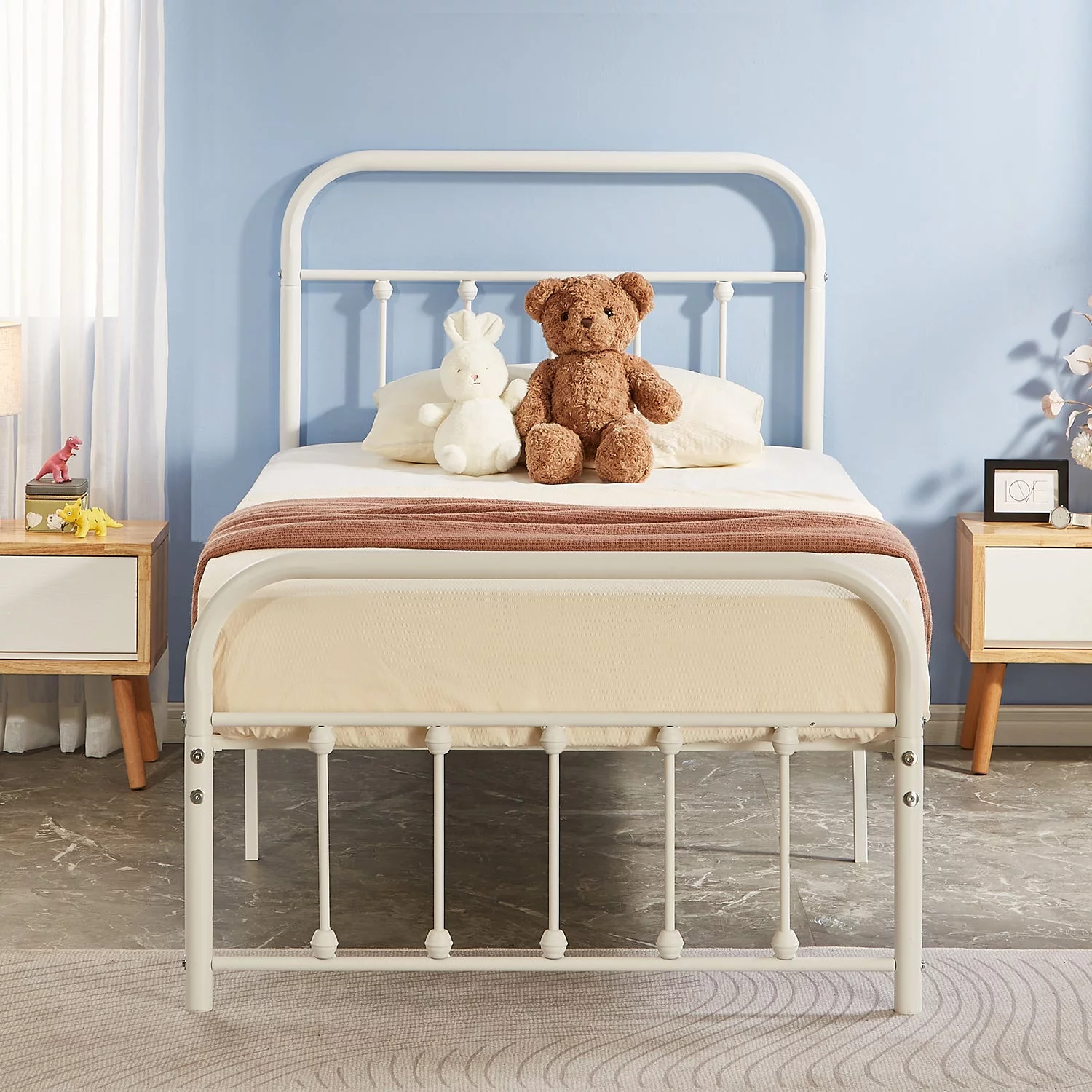 VECELO Metal Bed Frame with Headboard & Footboard, Steel Slat Support Mattress Foundation, Twin Size, White