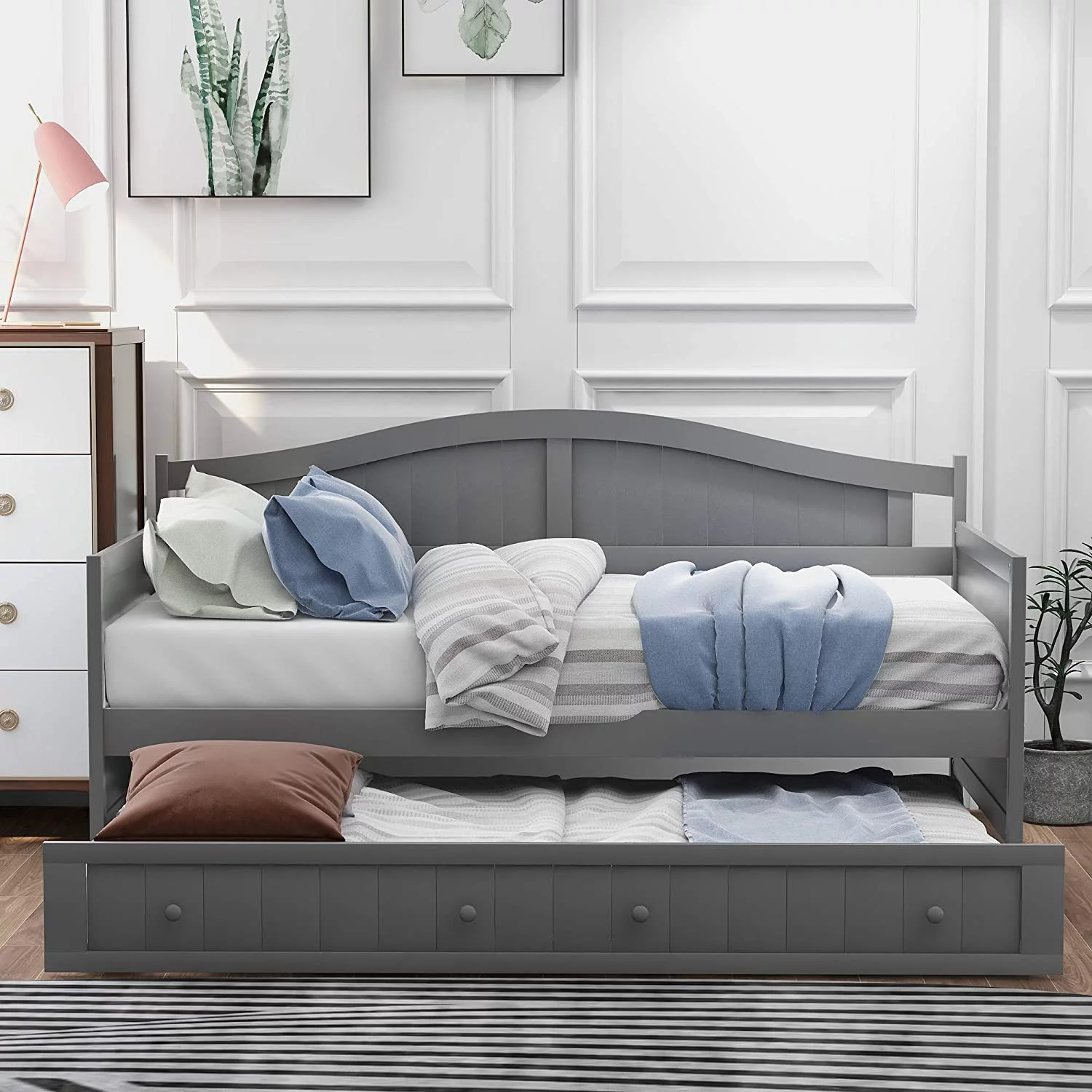SOGES Twin Wooden Daybed with Trundle for Bedroom Gray