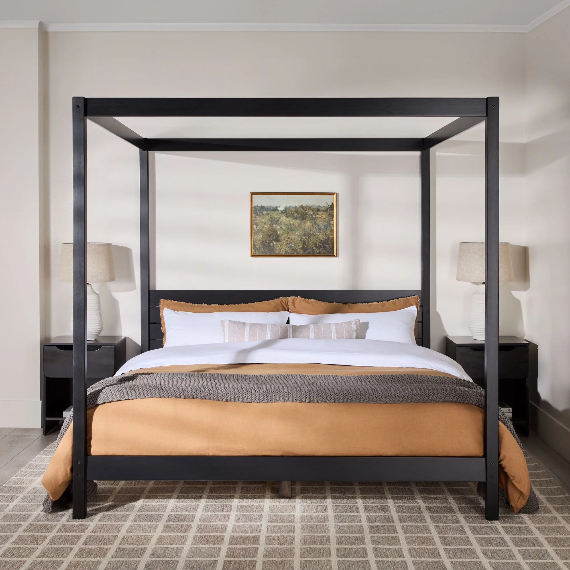 Walker Edison Minimalist Solid Wood King-Size Canopy Bedframe, Black