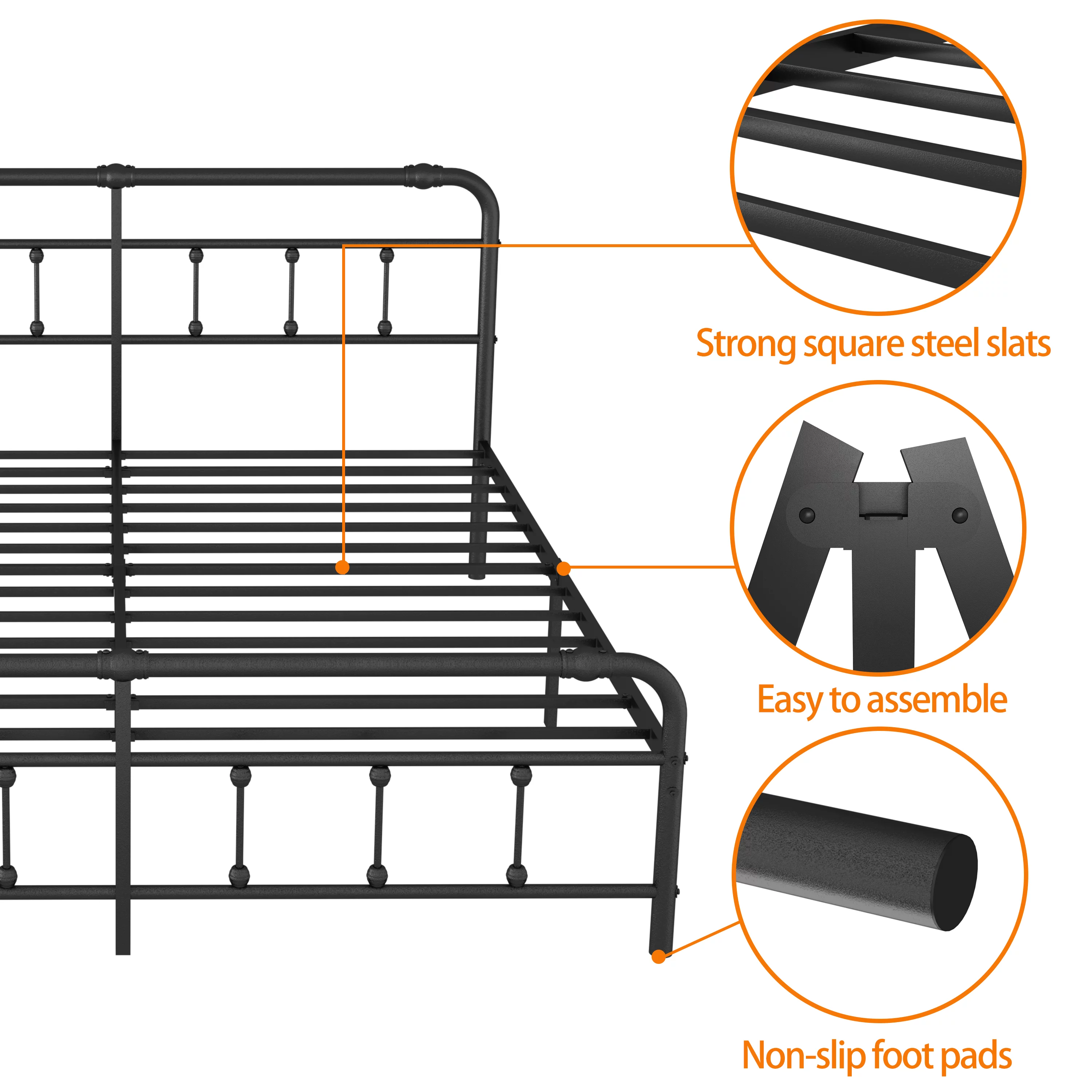 ZIYOO King Size Bed Frame Metal with Headboard No Box Spring Need-Black