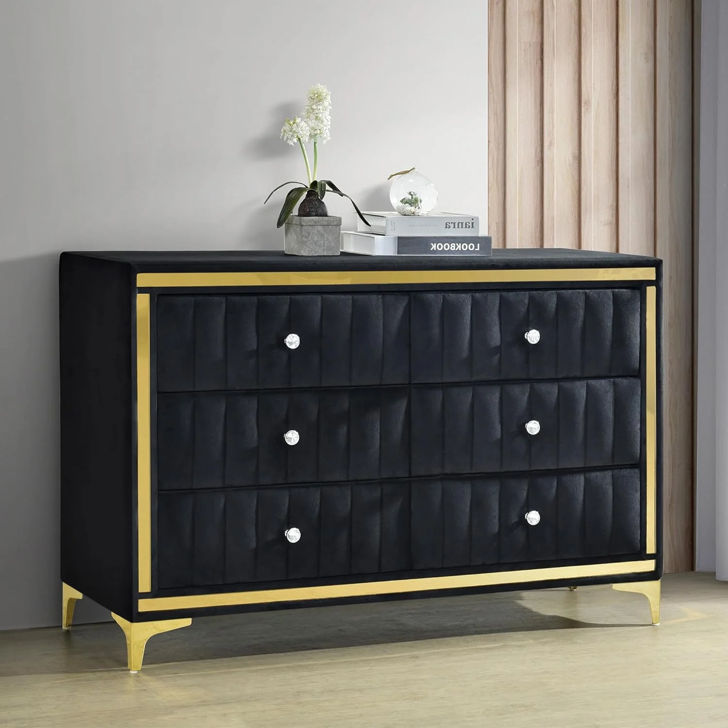 Velvet 6 Drawer Dresser With Legs In Black